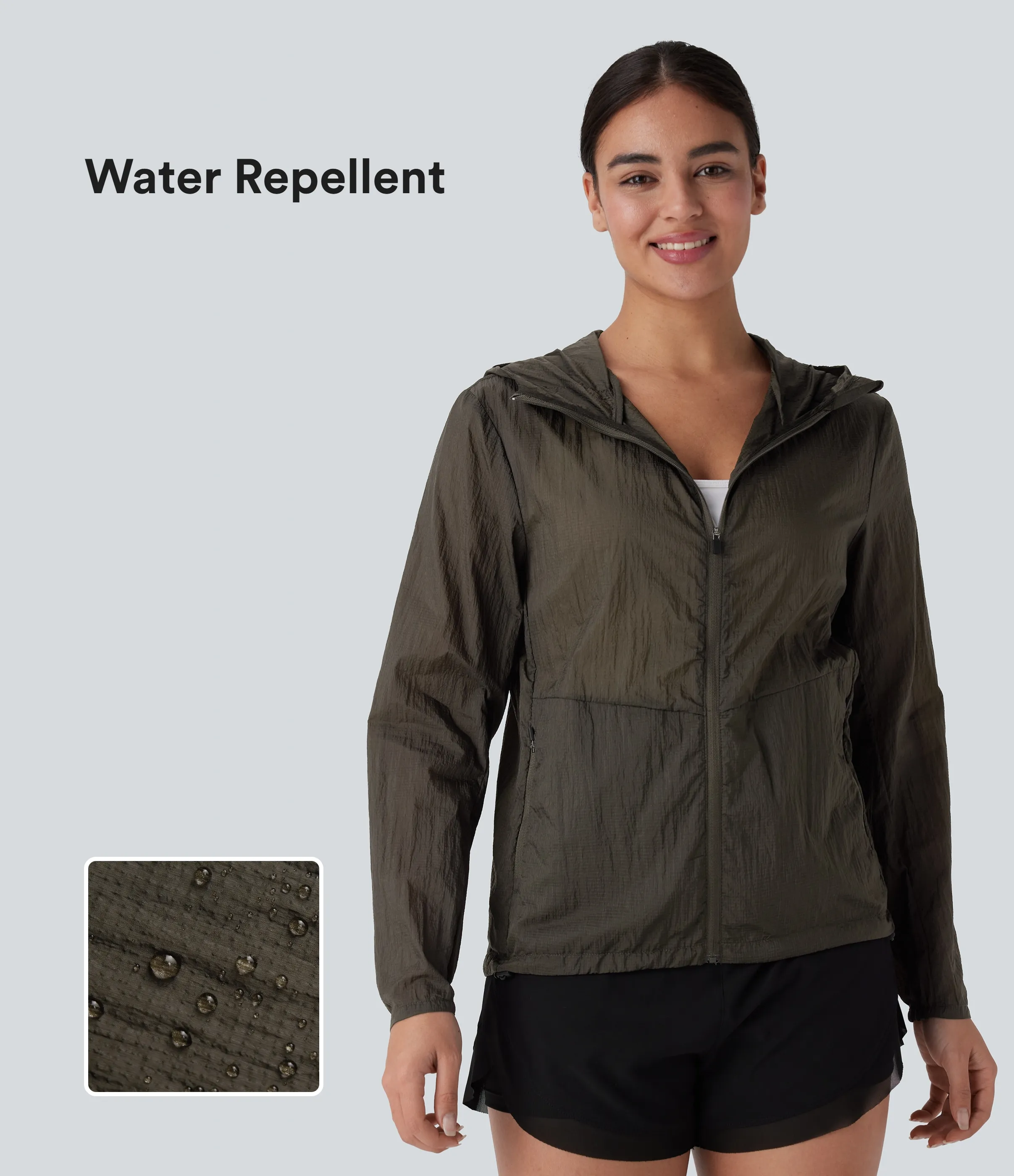 Halara Chaqueta senderismo impermeable capucha manga larga cremallera bolsillo lateral cordón ajustable - Deep Sage - S sold by Halara