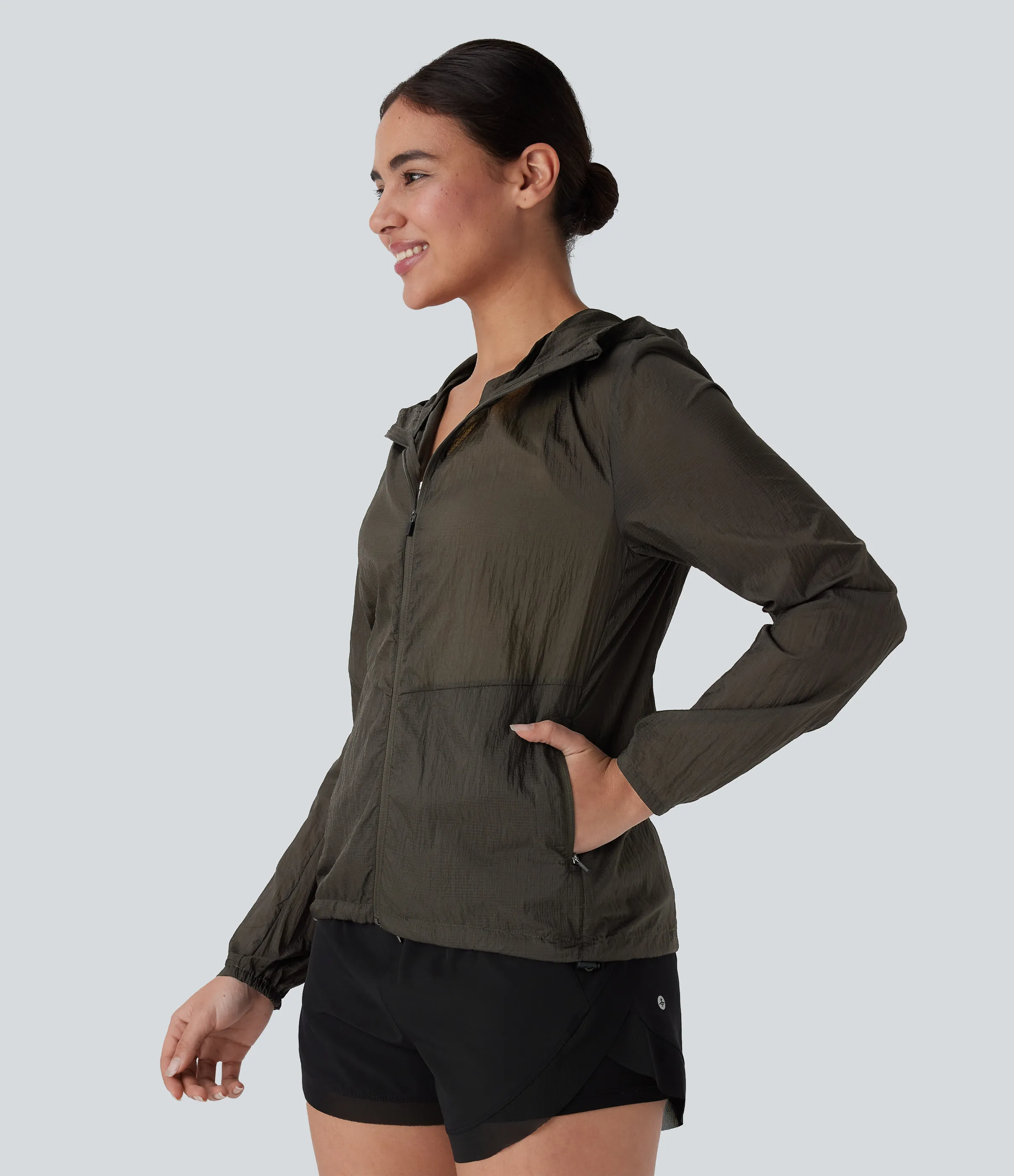 Halara Chaqueta senderismo impermeable capucha manga larga cremallera bolsillo lateral cordón ajustable - Deep Sage - S sold by Halara product image thumbnail 4