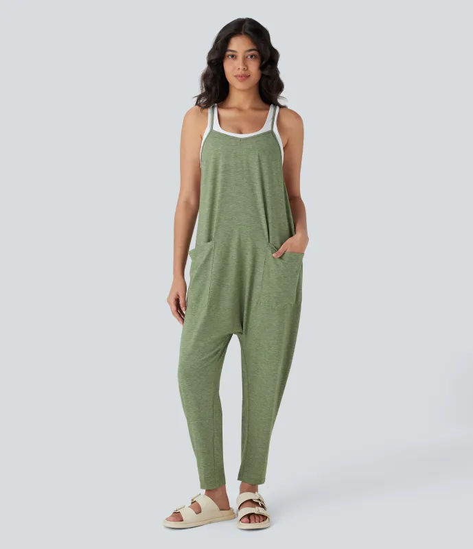 Halara Mono harem casual con corte cónico con múltiples bolsillos y espalda descubierta - Light Green Floral Yarn - XL(regular) sold by Halara