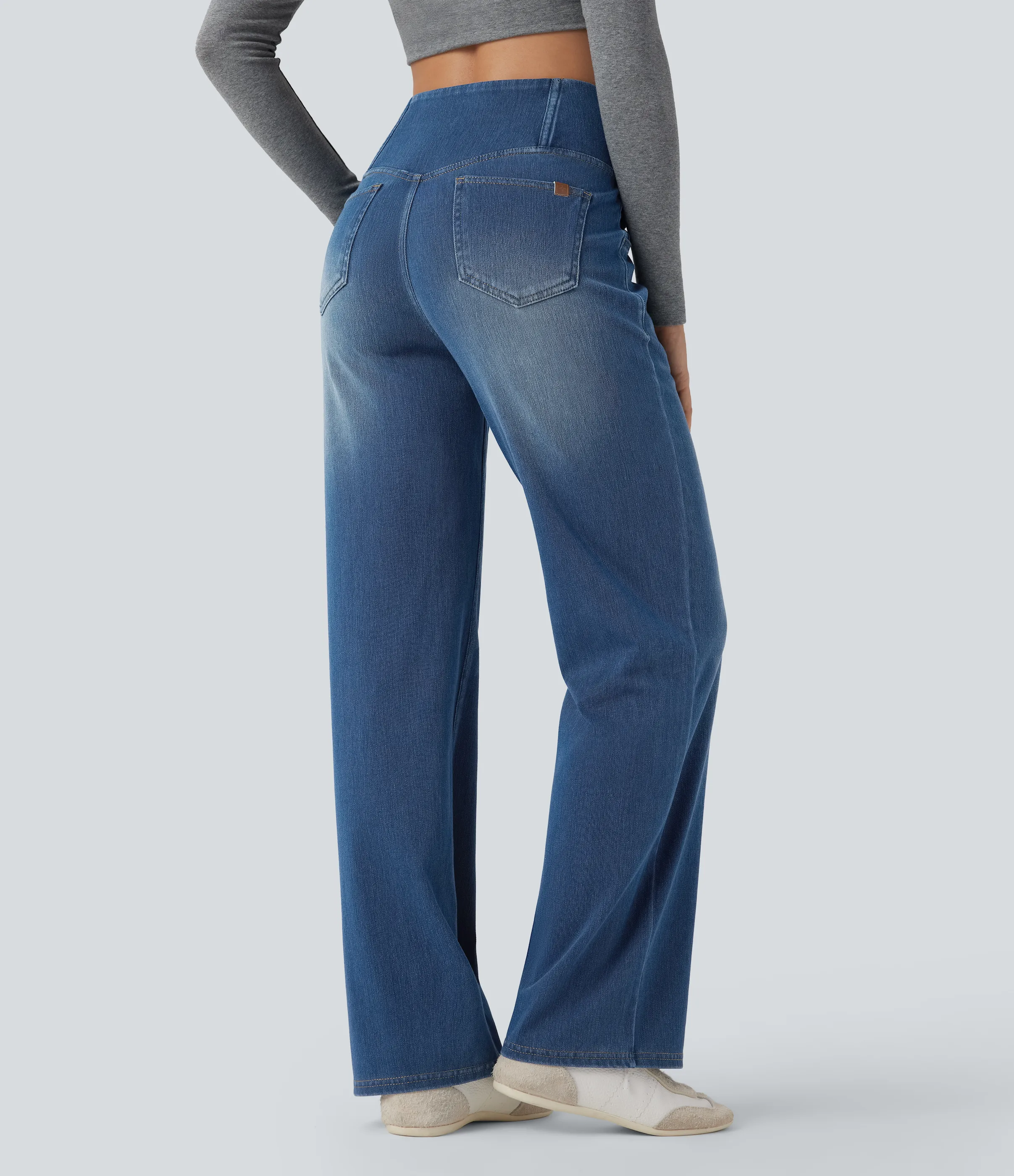 Halara Jeans casuales rectos con control de abdomen de tiro alto cruzado y bolsillos, estilo Halara Flex™ SoCinched - Tide Blue Denim - S(extall) sold by Halara product image thumbnail 3