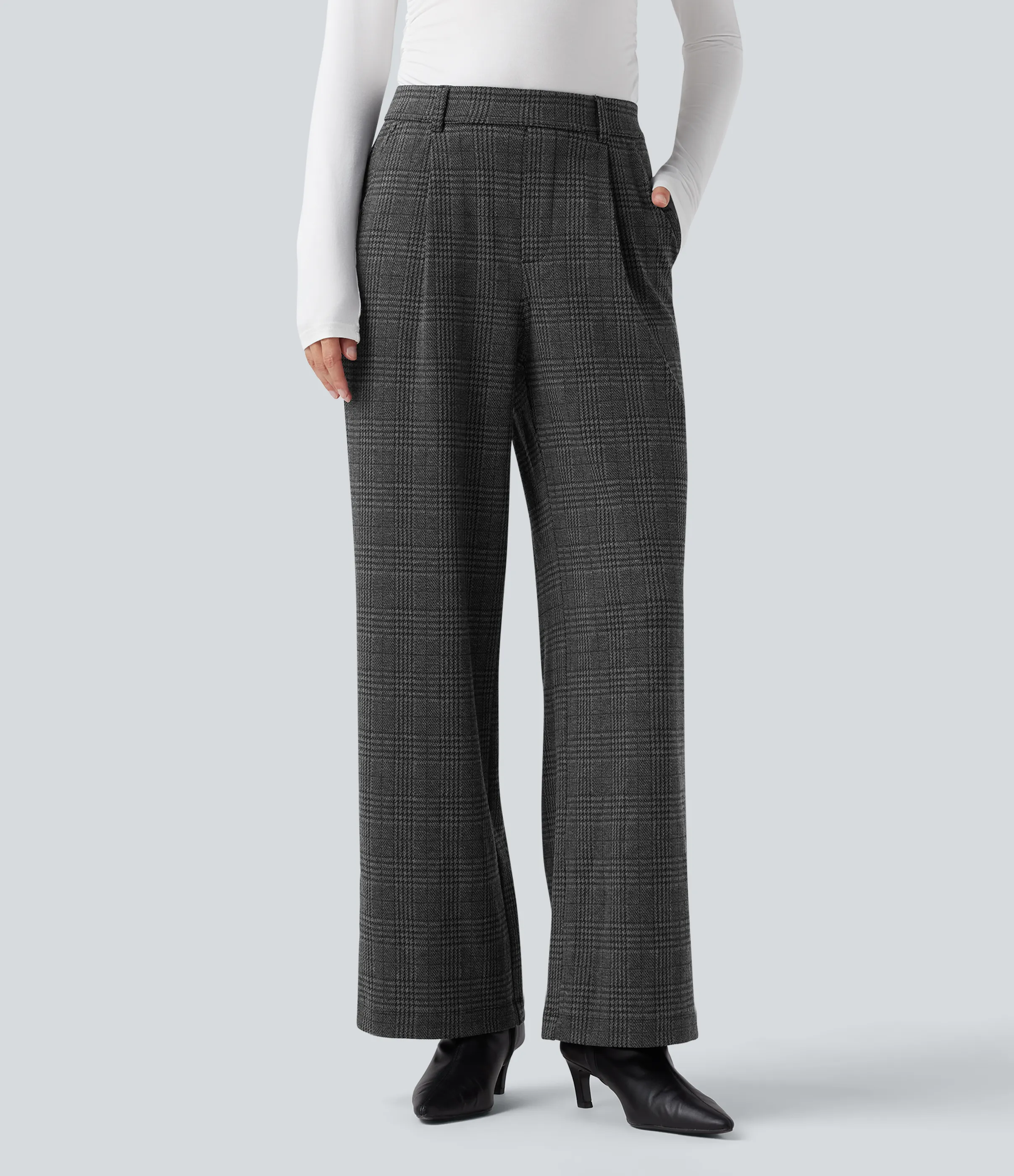 Halara Pantalones de oficina rectos Halara Flex™ de tiro alto con de pata de gallo y bolsillos - Charcoal Black Houndstooth Plaid - M(regular) sold by Halara product image thumbnail 3