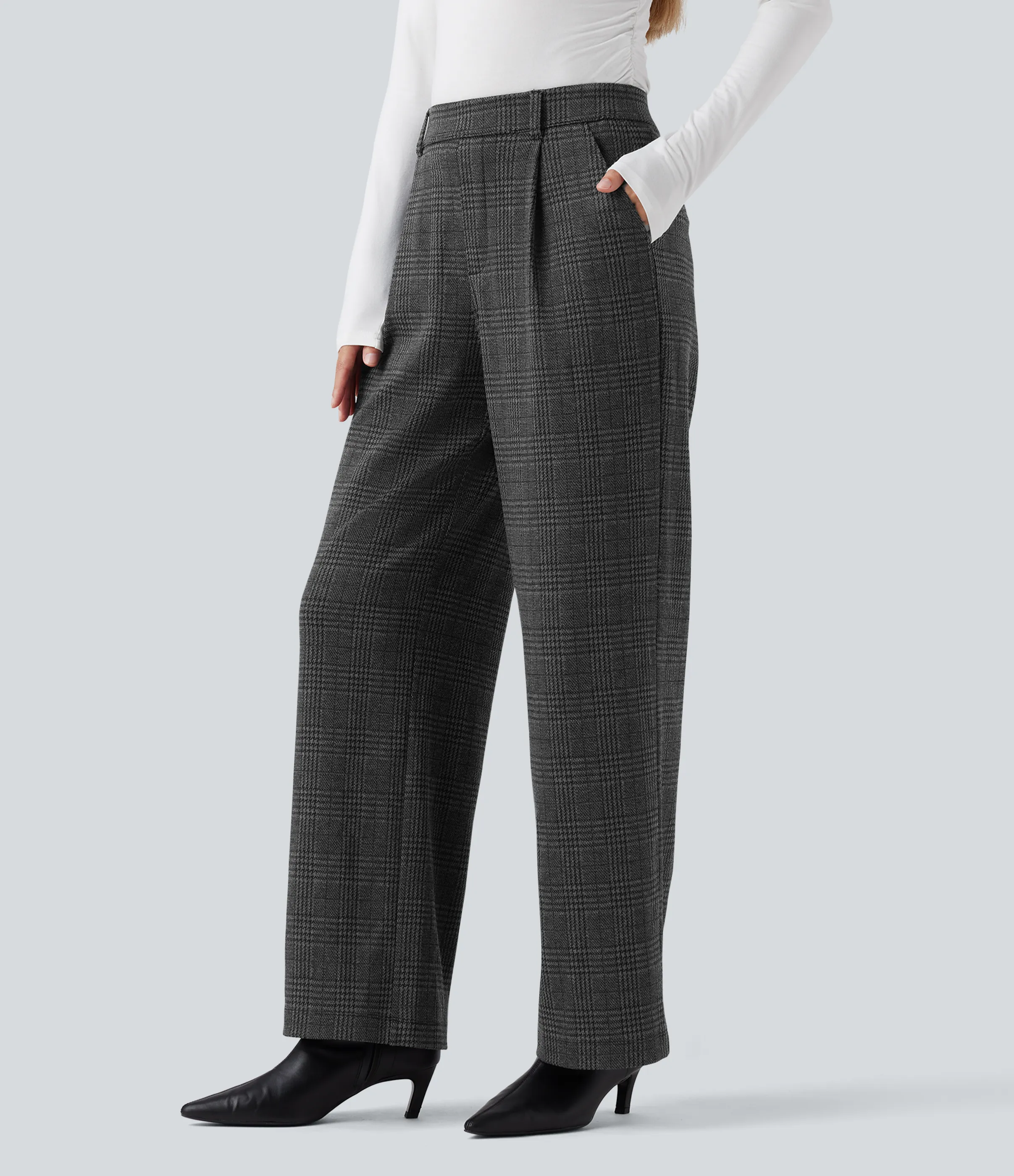 Halara Pantalones de oficina rectos Halara Flex™ de tiro alto con de pata de gallo y bolsillos - Charcoal Black Houndstooth Plaid - M(regular) sold by Halara product image thumbnail 4