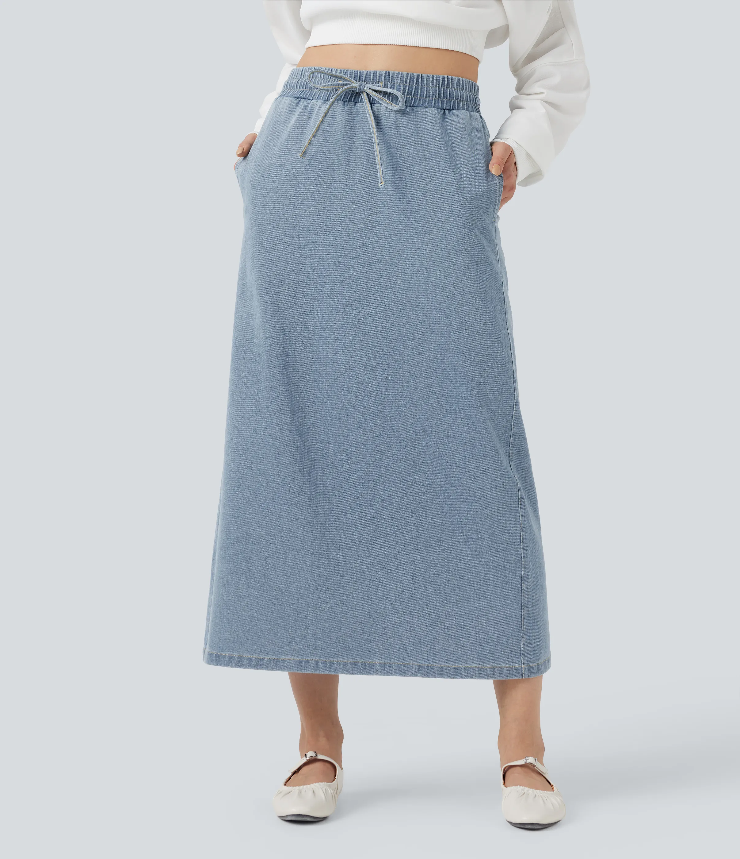 Halara Falda vaquera casual Halara Flex™ midi de tiro alto con cordón ajustable y bolsillos - Malibu Blue Denim - L(regular) sold by Halara product image thumbnail 2