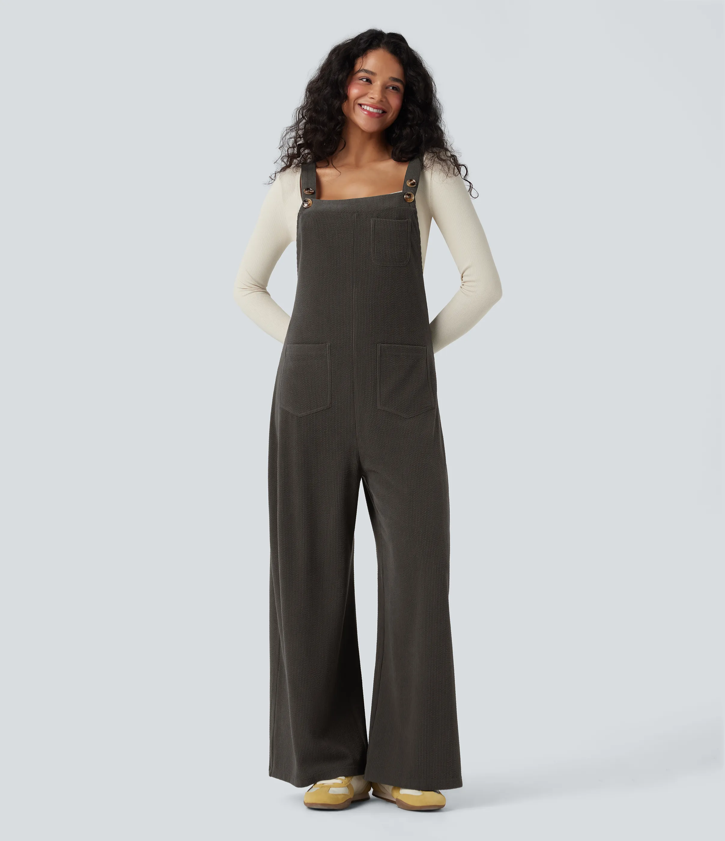 Halara Jumpsuit casual de pana con cuello cuadrado y bolsillos - Black Olive - M(regular) sold by Halara product image thumbnail 2