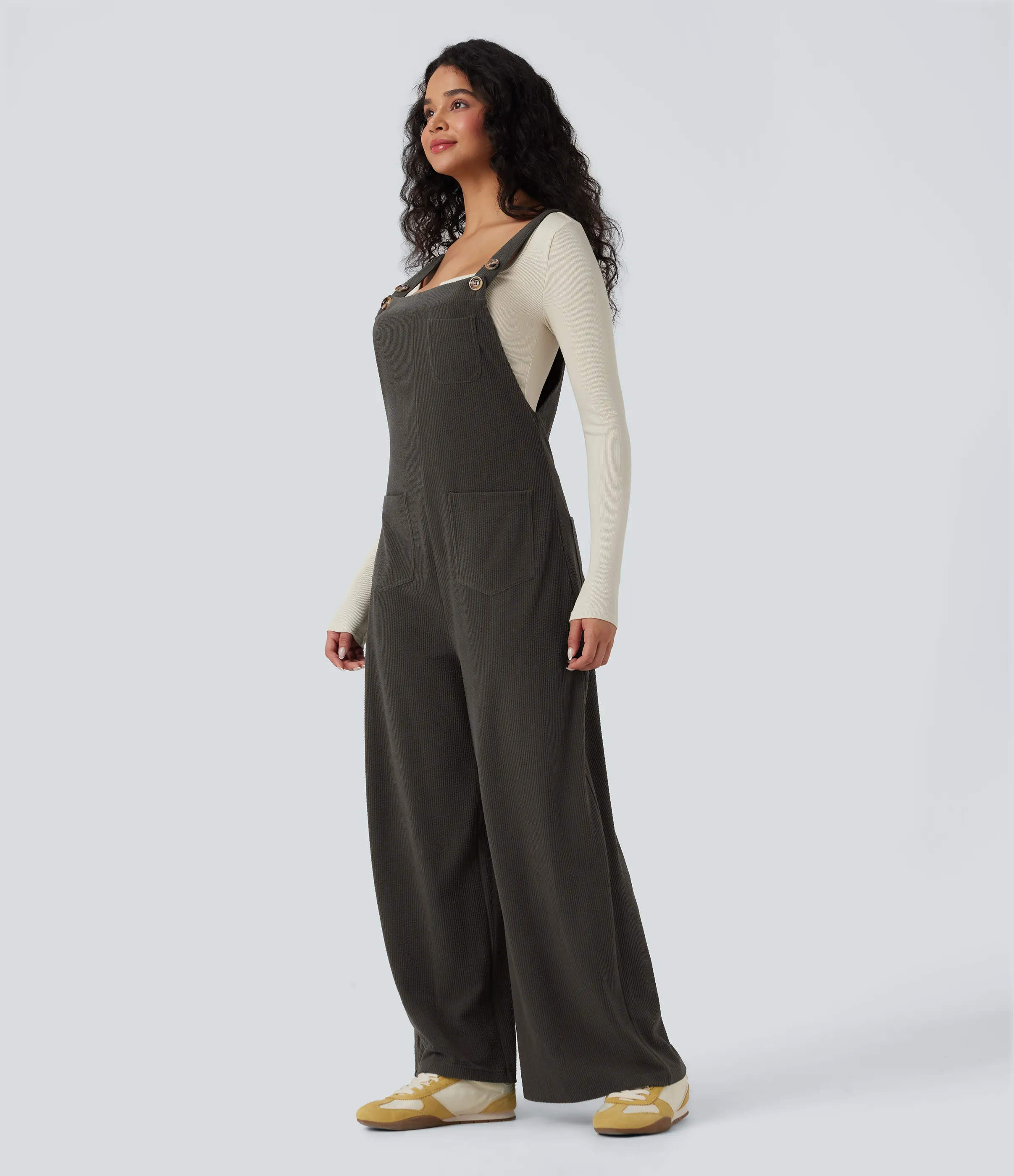 Halara Jumpsuit casual de pana con cuello cuadrado y bolsillos - Black Olive - M(regular) sold by Halara product image thumbnail 4
