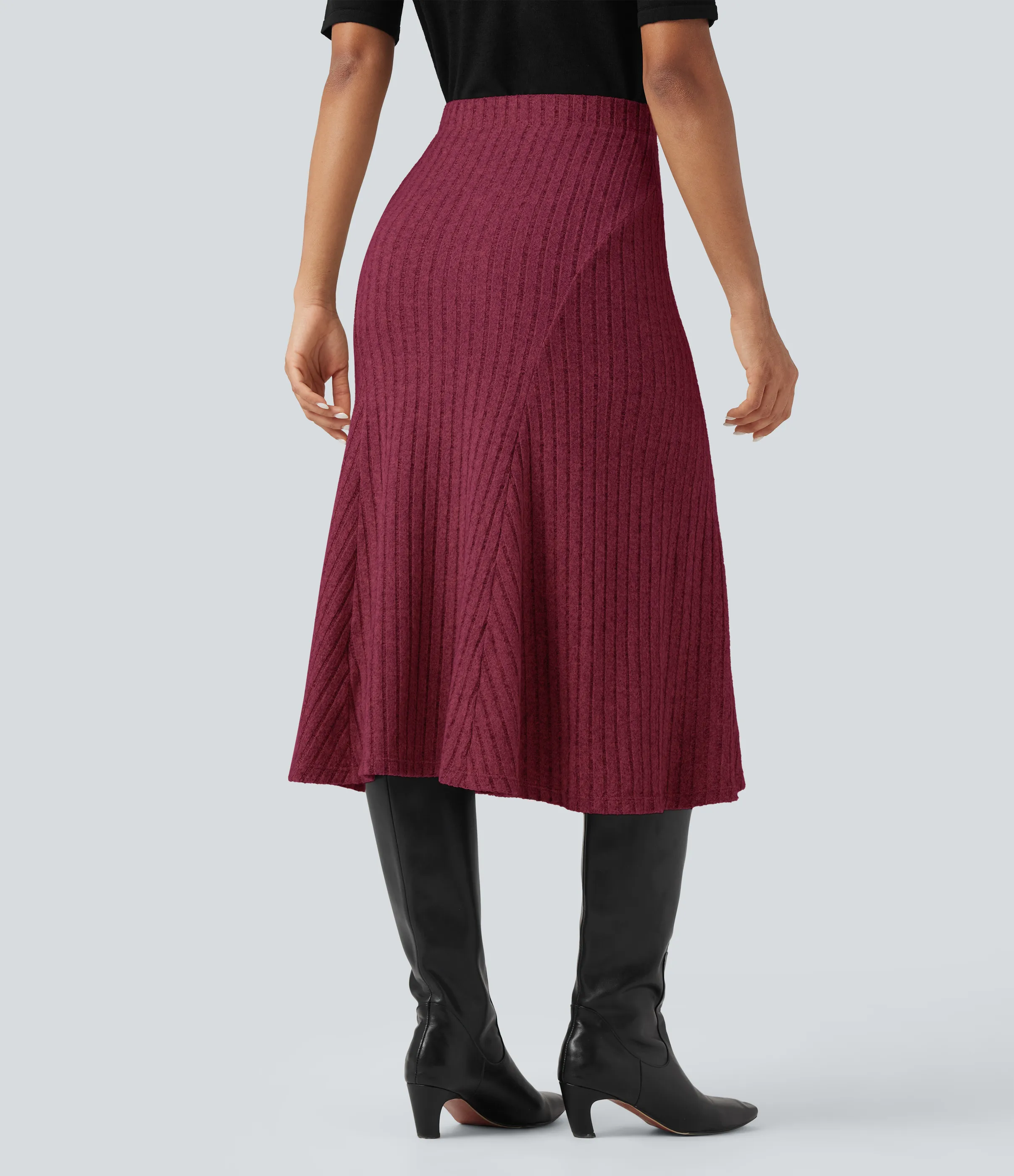 Halara Falda midi casual de tiro alto con corte A y punto acanalado - Wine Red Floral Yarn - XS(regular) sold by Halara product image thumbnail 3