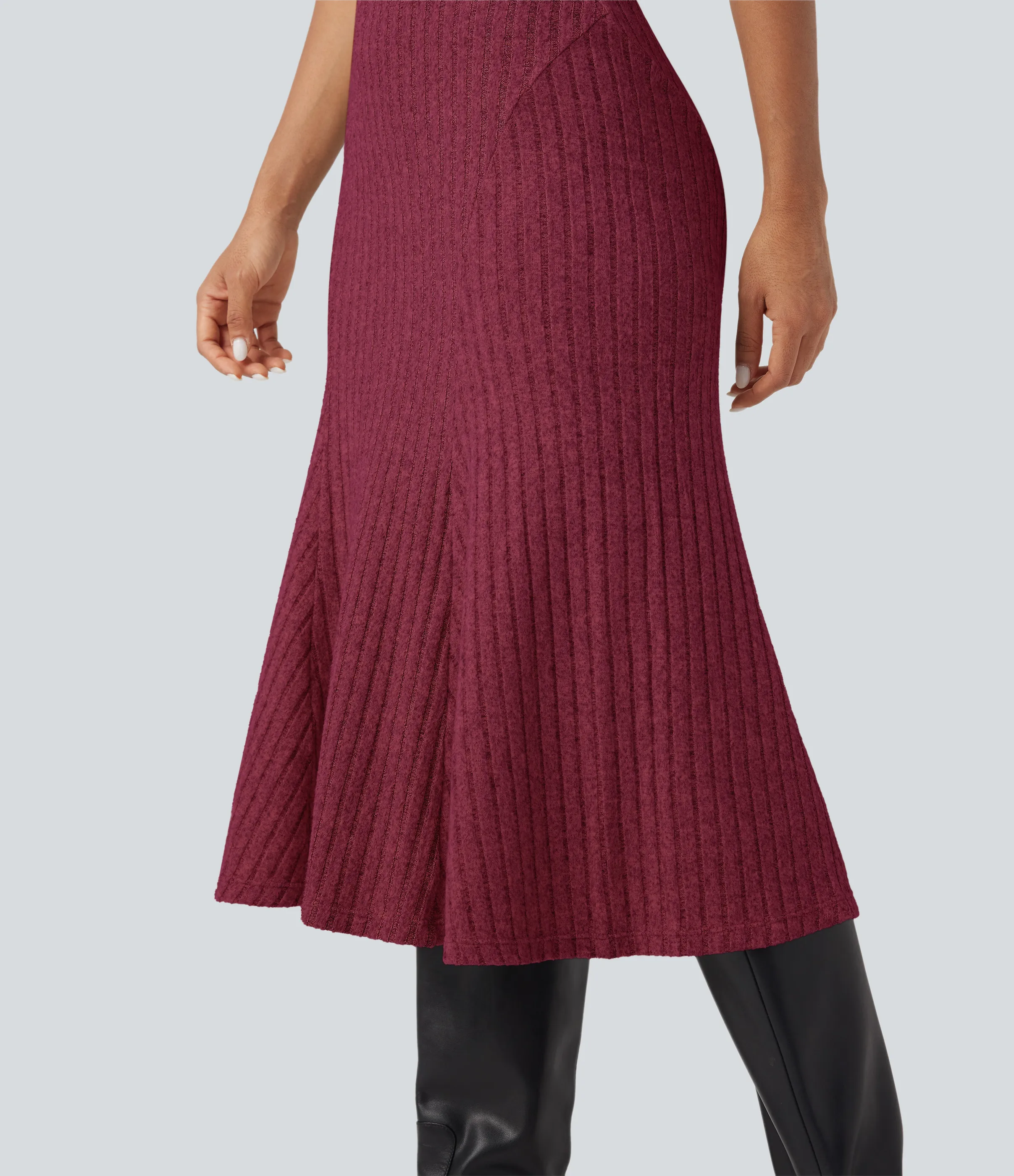 Halara Falda midi casual de tiro alto con corte A y punto acanalado - Wine Red Floral Yarn - XS(regular) sold by Halara product image thumbnail 5