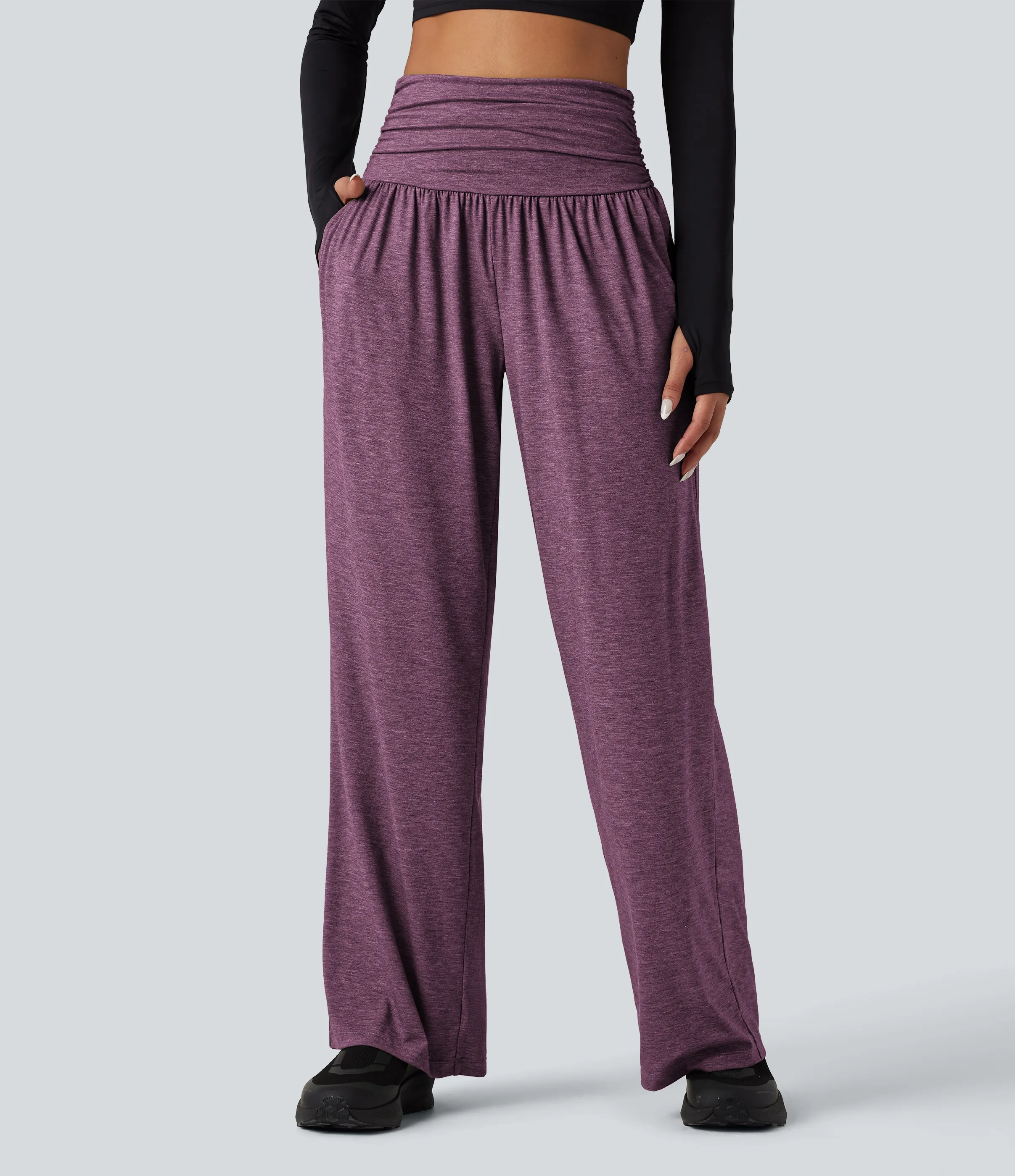 Halara Pantalones holgados de yoga de tiro alto con fruncido y bolsillos - Red Violet Floral Yarn - S(regular) sold by Halara