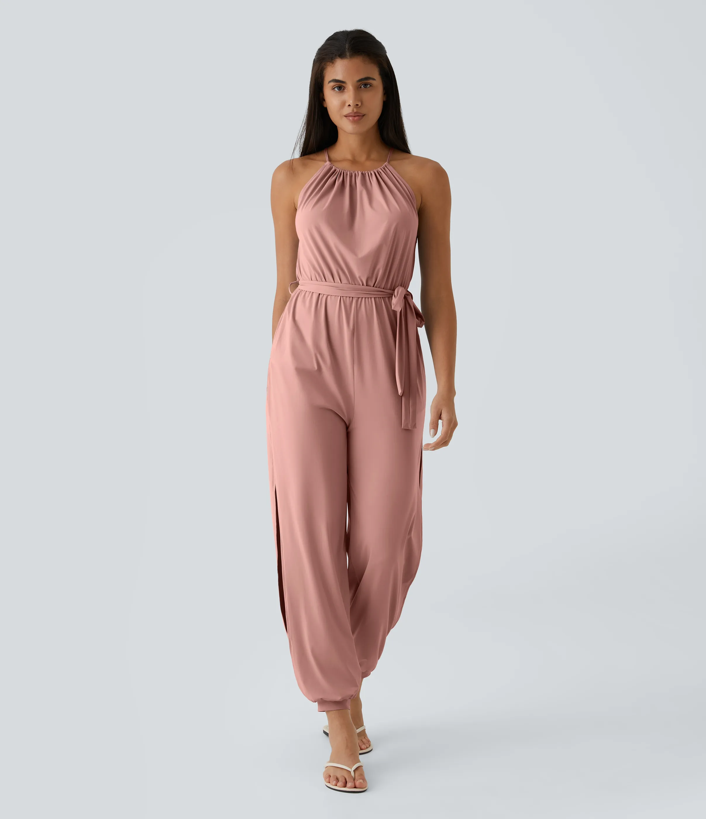 Halara Mono sin manga lazo espalda plisado cinturón bolsillo lateral cut-out tacto fresco Resort - Peach Beige - L(regular) sold by Halara product image thumbnail 4