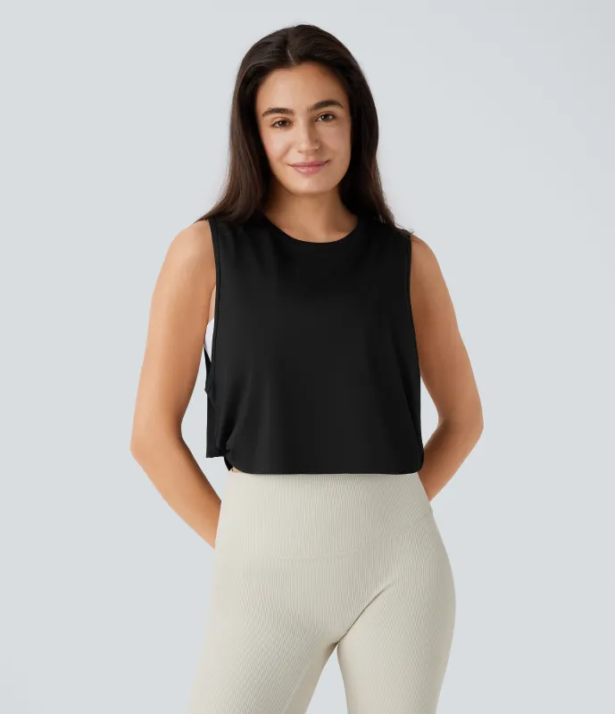 Halara Camiseta sin mangas corta pickleball cuello redondo dobladillo retorcido curvado - Black - M made by Halara