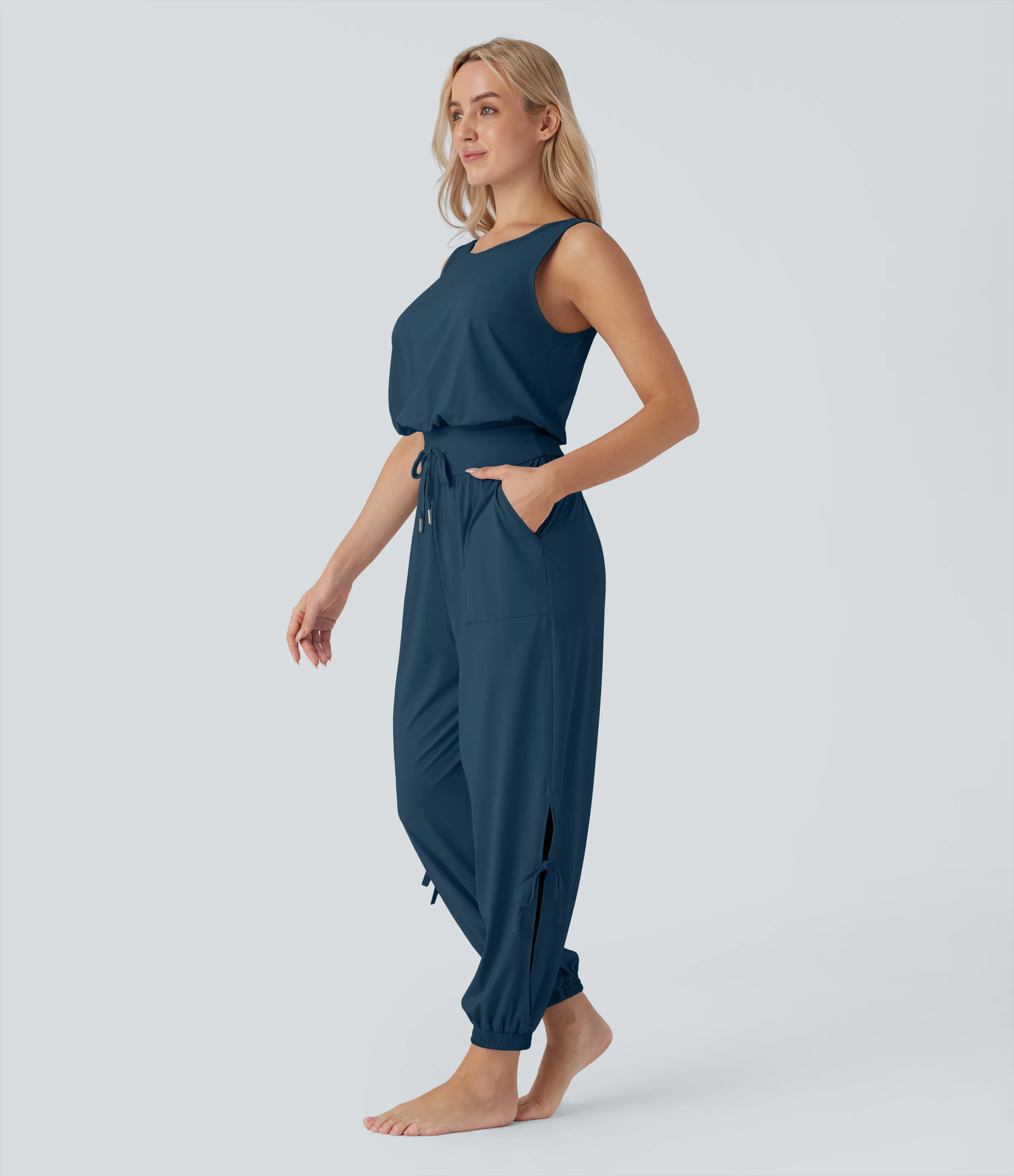 Halara Jumpsuit de yoga sin mangas con espalda descubierta, cordón ajustable y bolsillos laterales de tacto fresco - UPF50+ - Majolica Blue - XS(regular) sold by Halara product image thumbnail 4