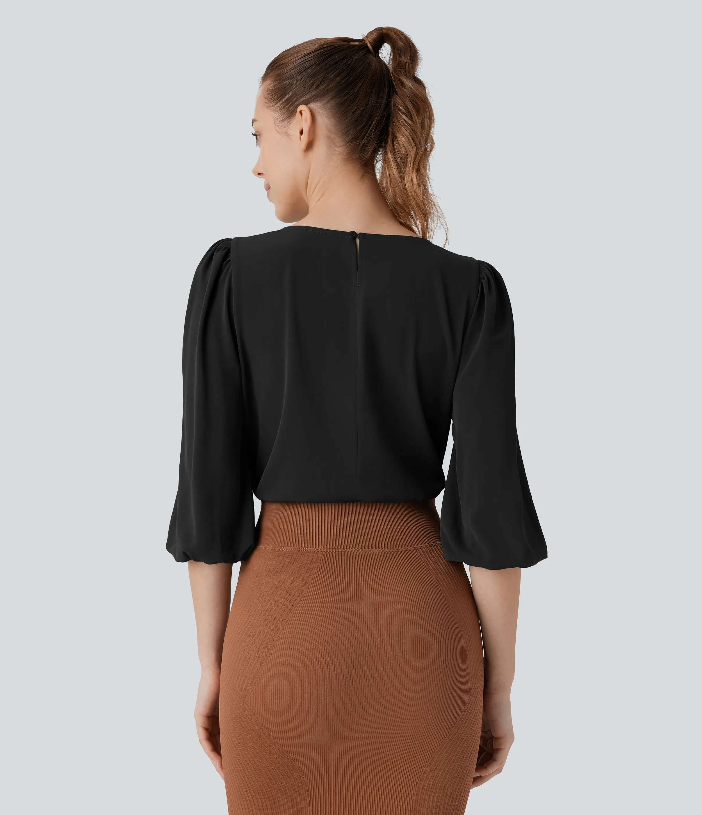 Halara Blusa oficina cuello barco abertura espalda manga obispo - Black - L sold by Halara product image thumbnail 3