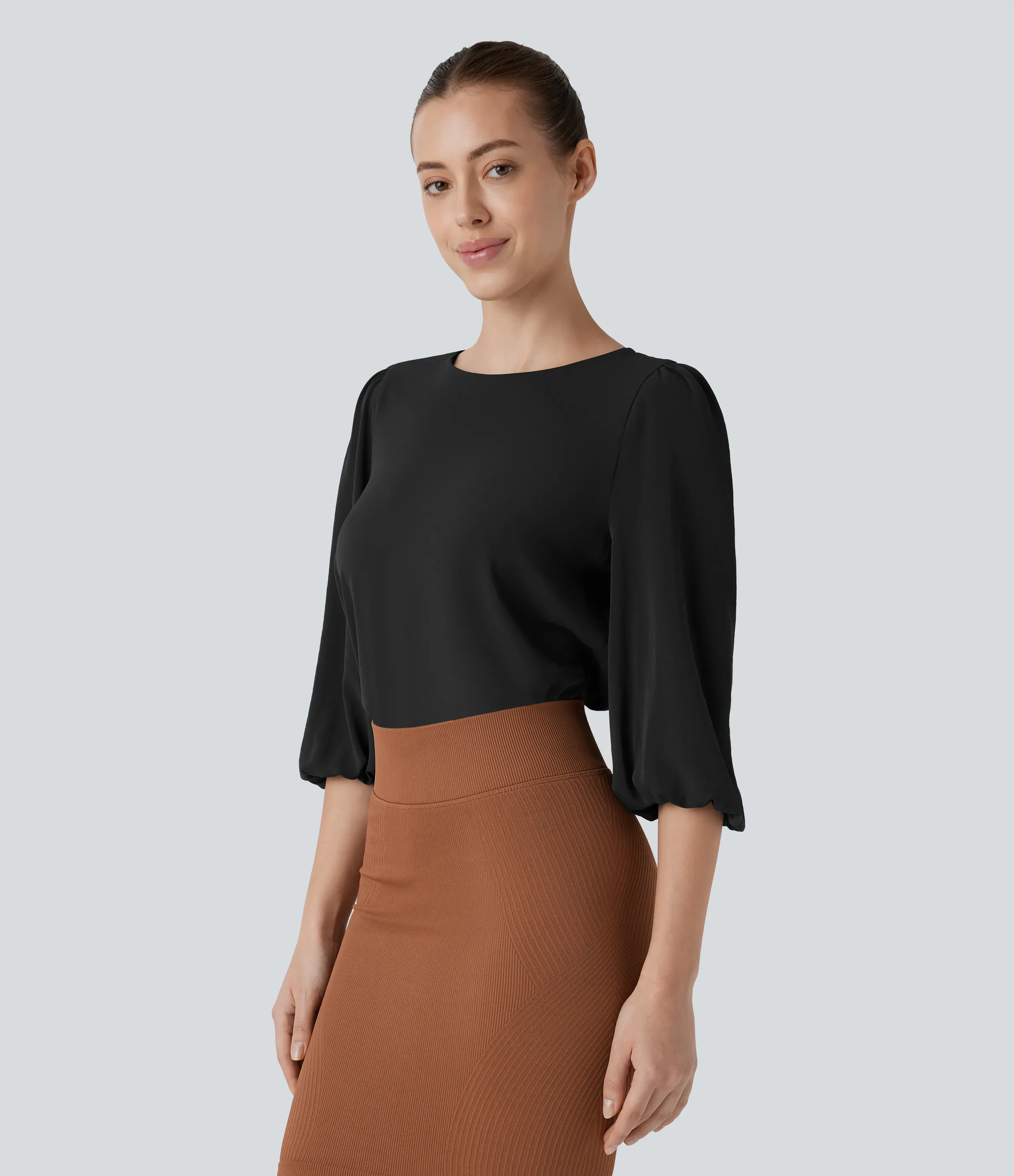 Halara Blusa oficina cuello barco abertura espalda manga obispo - Black - L sold by Halara product image thumbnail 4