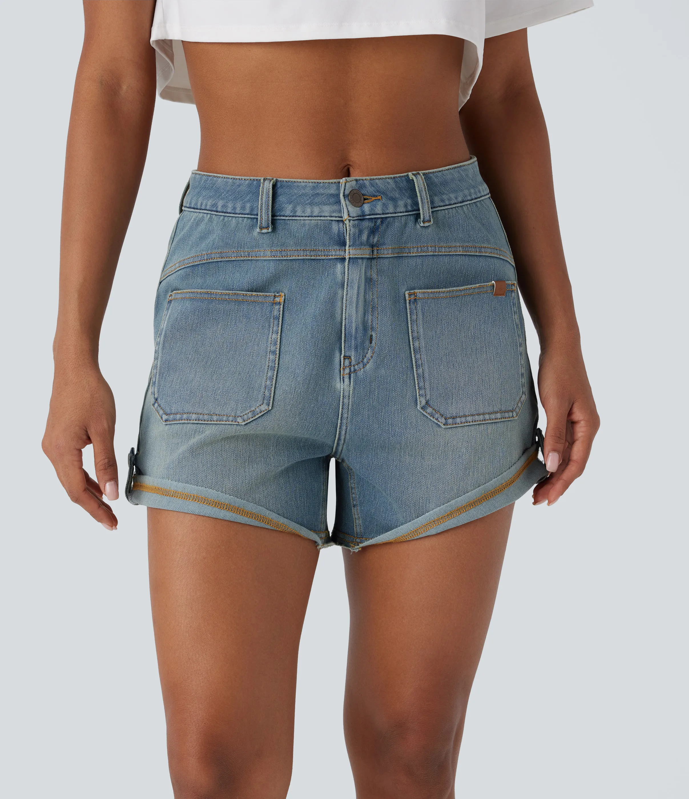 Halara Pantalón corto Halara Flex™ Denim mezclilla elástico lavado dobladillo enrollado bolsillo delantero tiro medio - Light Azure Blue Denim - L(regular) sold by Halara product image thumbnail 4