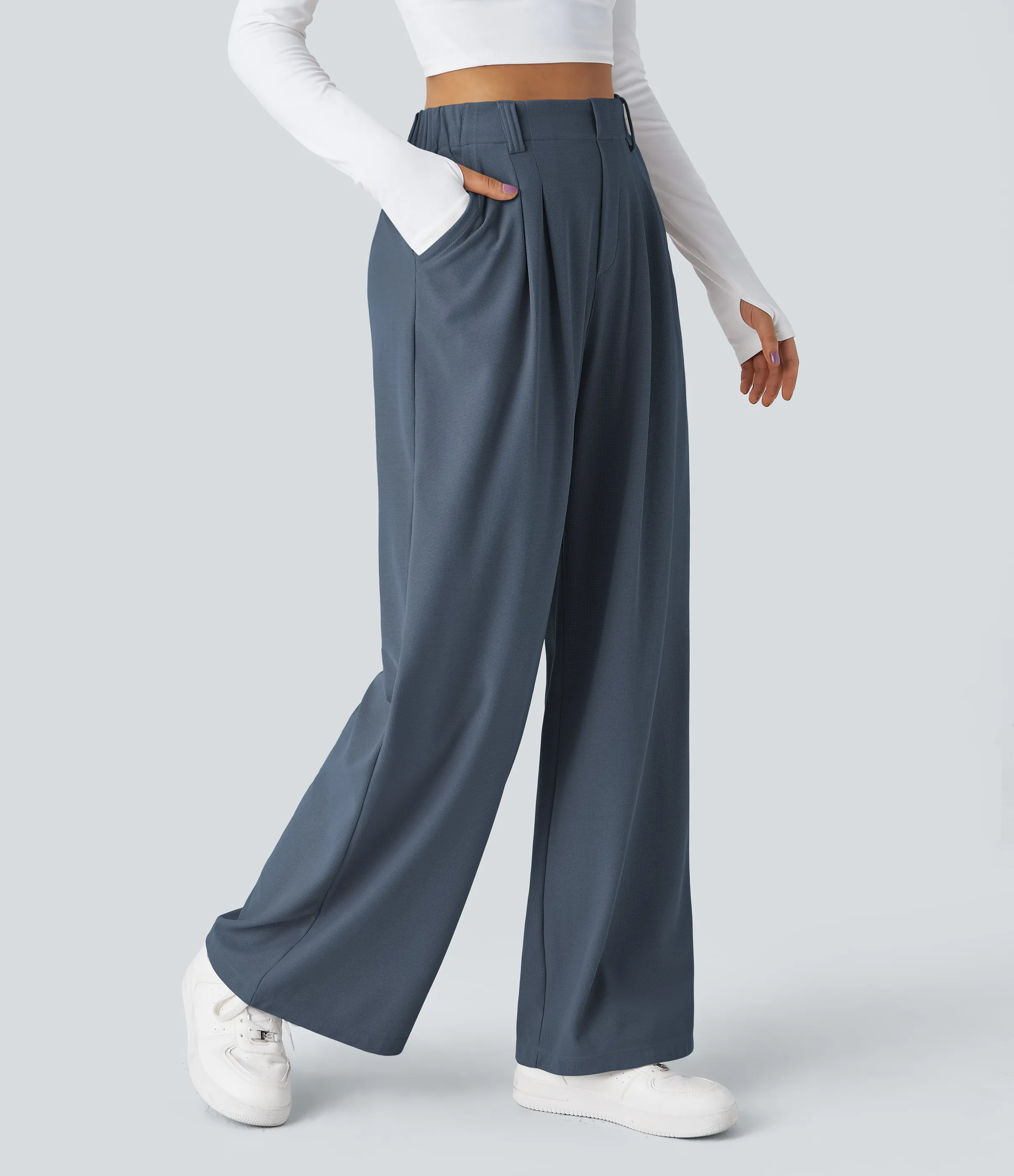 Halara Pantalones Halara Flex™ de oficina anchos plisados de tiro alto con bolsillos en tela tipo gofre - Grisaille - S(petite) sold by Halara product image thumbnail 2