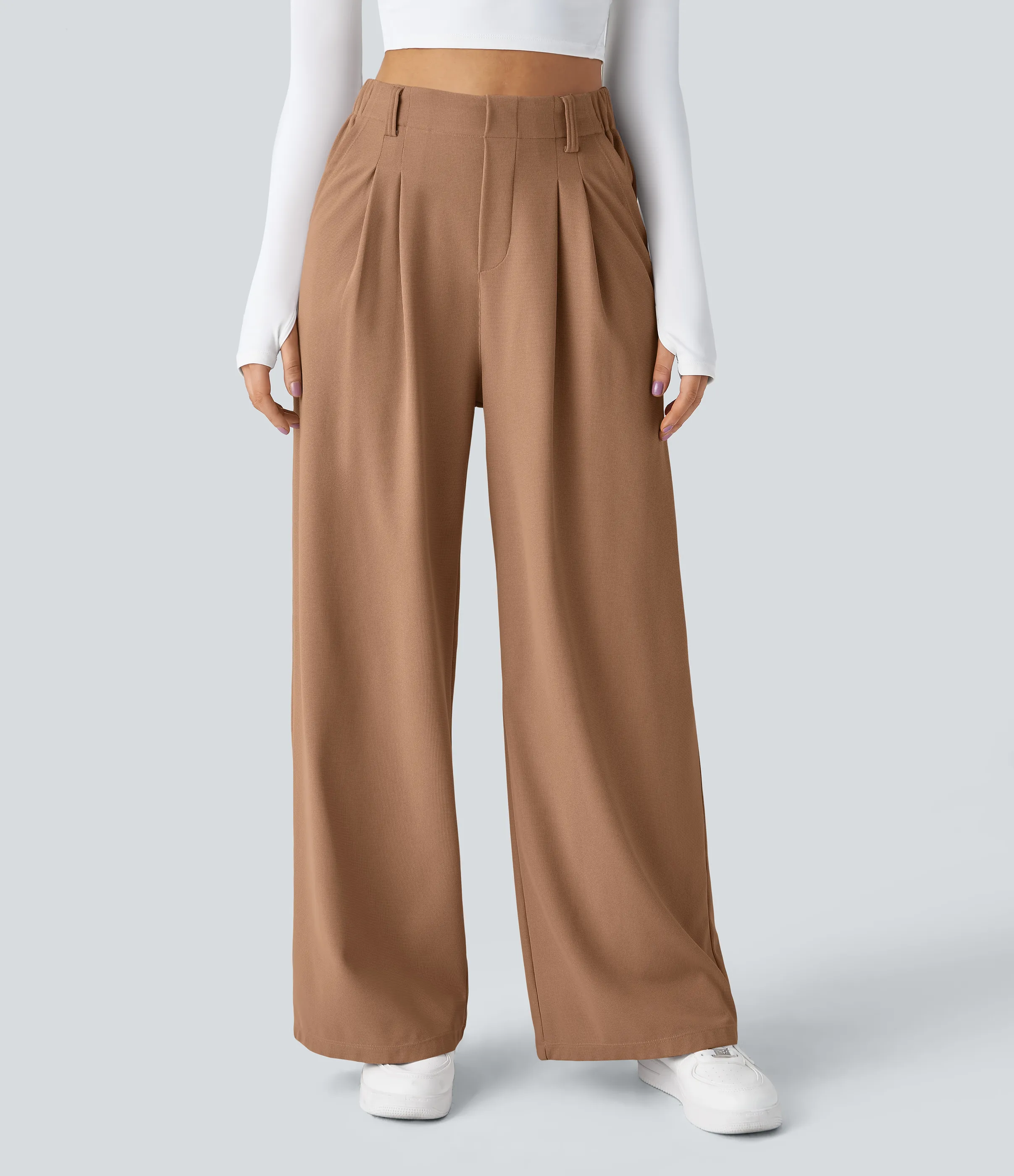 Halara Pantalones Halara Flex™ de oficina anchos plisados de tiro alto con bolsillos en tela tipo gofre - Macchiato - XS(regular) sold by Halara product image thumbnail 4