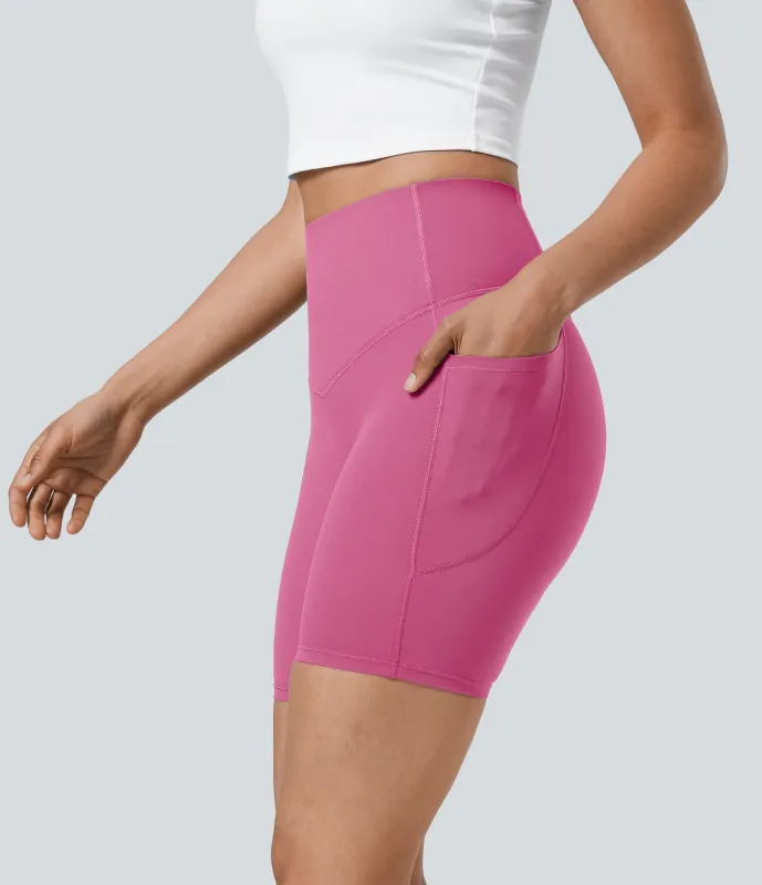 Halara Pantalones cortos SoCinched motociclista entrenamiento moldeador abdomen bolsillo lateral tiro alto 17.5cm - Pink Power - S sold by Halara