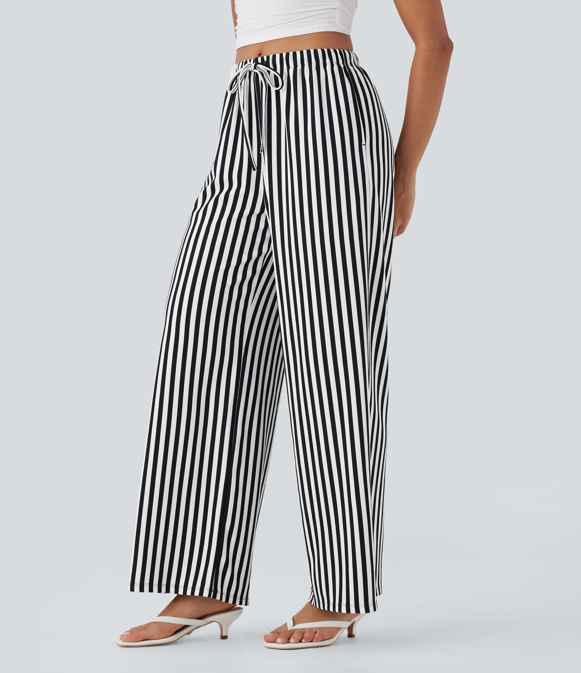 Halara Pantalón pierna ancha tiro alto cordón ajustable raya gofre bolsillo - Black White Horizontal Stripe - XL(petite) sold by Halara product image thumbnail 4