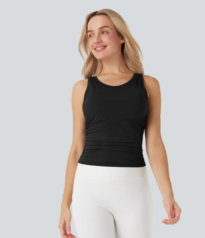 Halara Top de yoga de tacto fresco con cuello redondo espalda cruzada, fruncido y sujetador incorporado - Black - XL sold by Halara