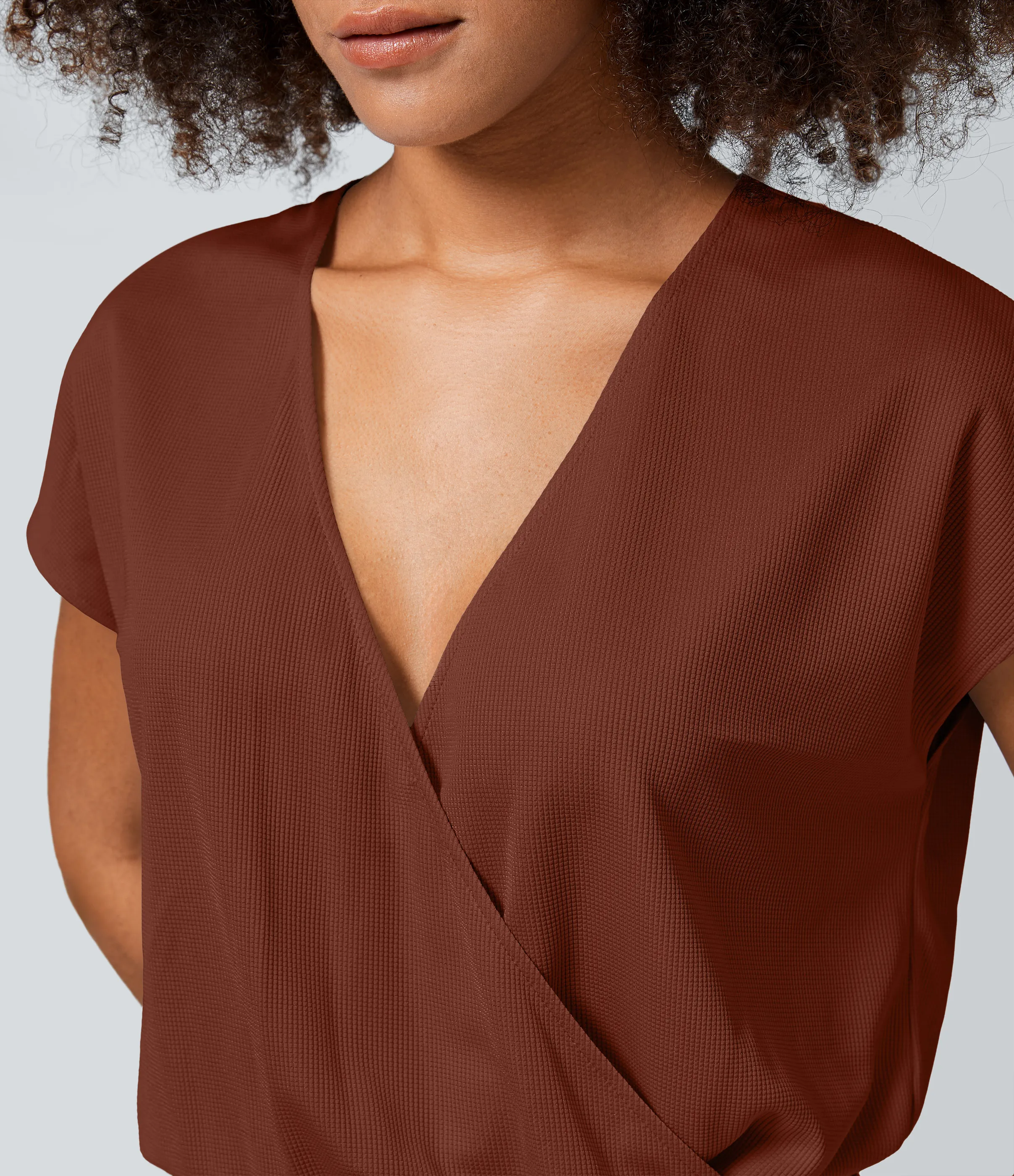 Halara Mono cuello V manga corta bolsillo lateral plisado pierna ancha - Brandy Brown - M(petite) sold by Halara product image thumbnail 5