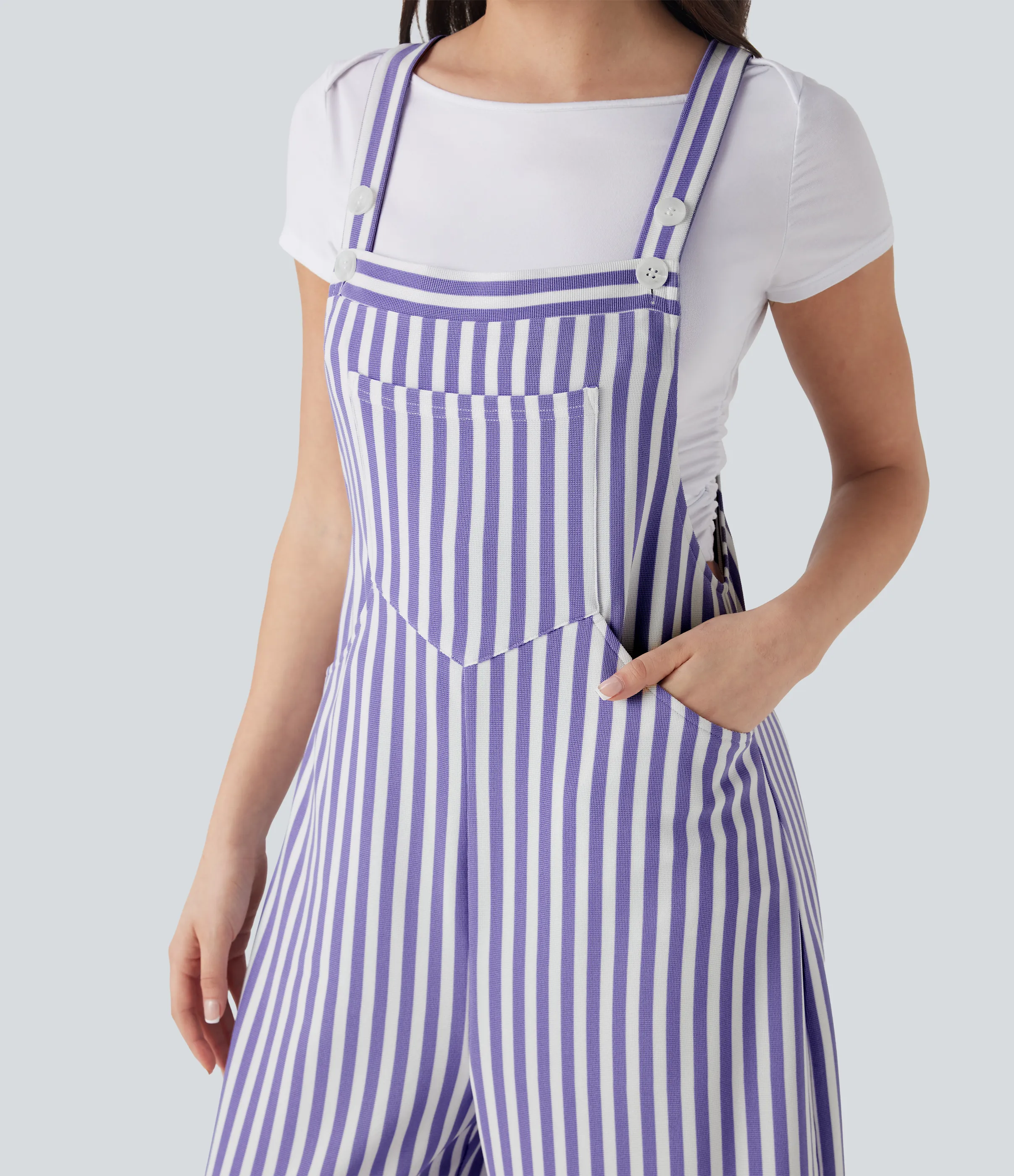 Halara Overol resort gofre raya múltiple bolsillo botón correa ajustable - Lilac Stripe - XL(regular) sold by Halara product image thumbnail 5