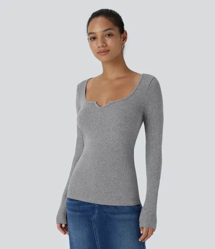 Halara Top informal ajustado de manga larga con cuello redondo y canalé - Ash Grey - M sold by Halara