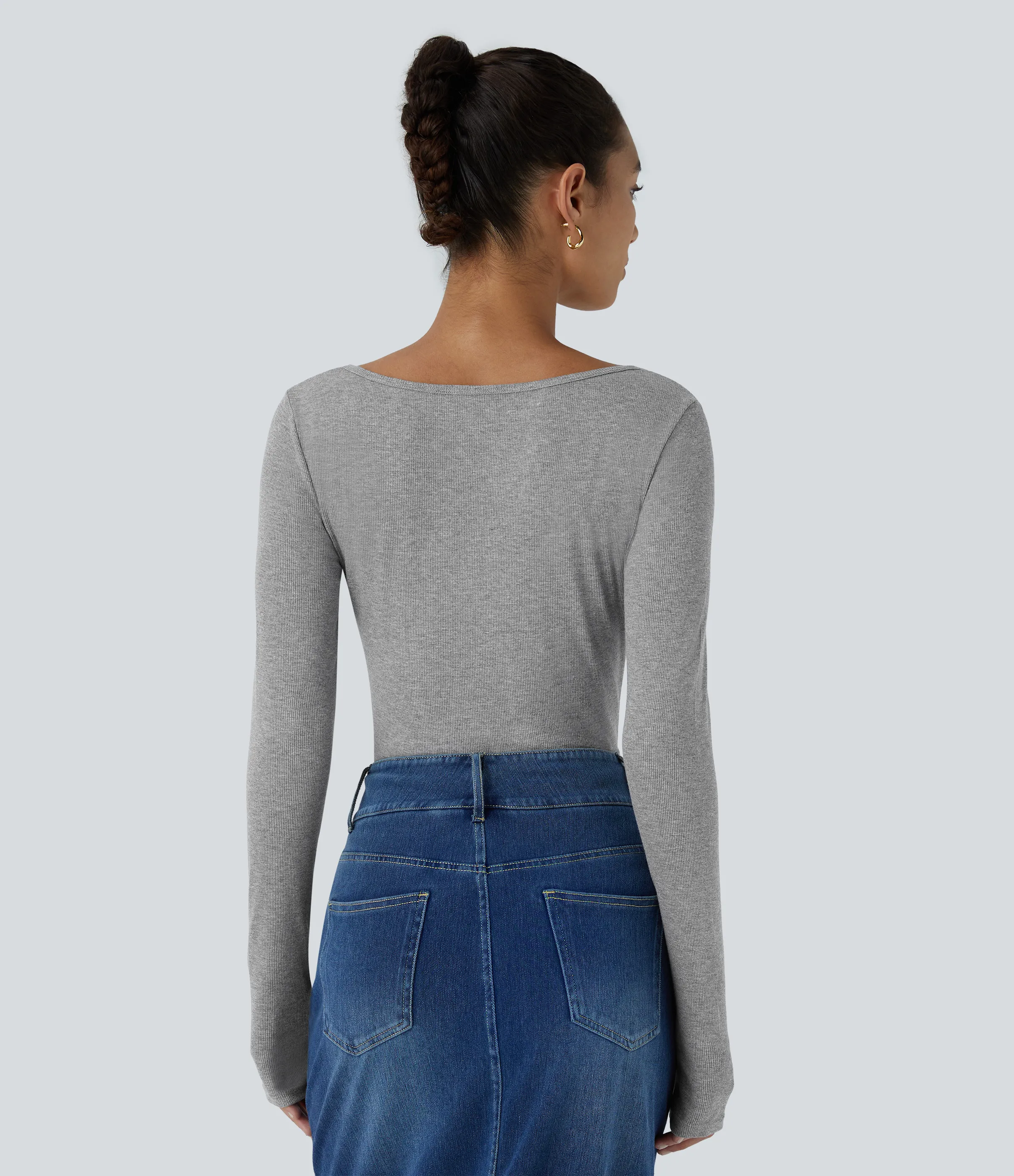 Halara Top informal ajustado de manga larga con cuello redondo y canalé - Ash Grey - M sold by Halara product image thumbnail 4