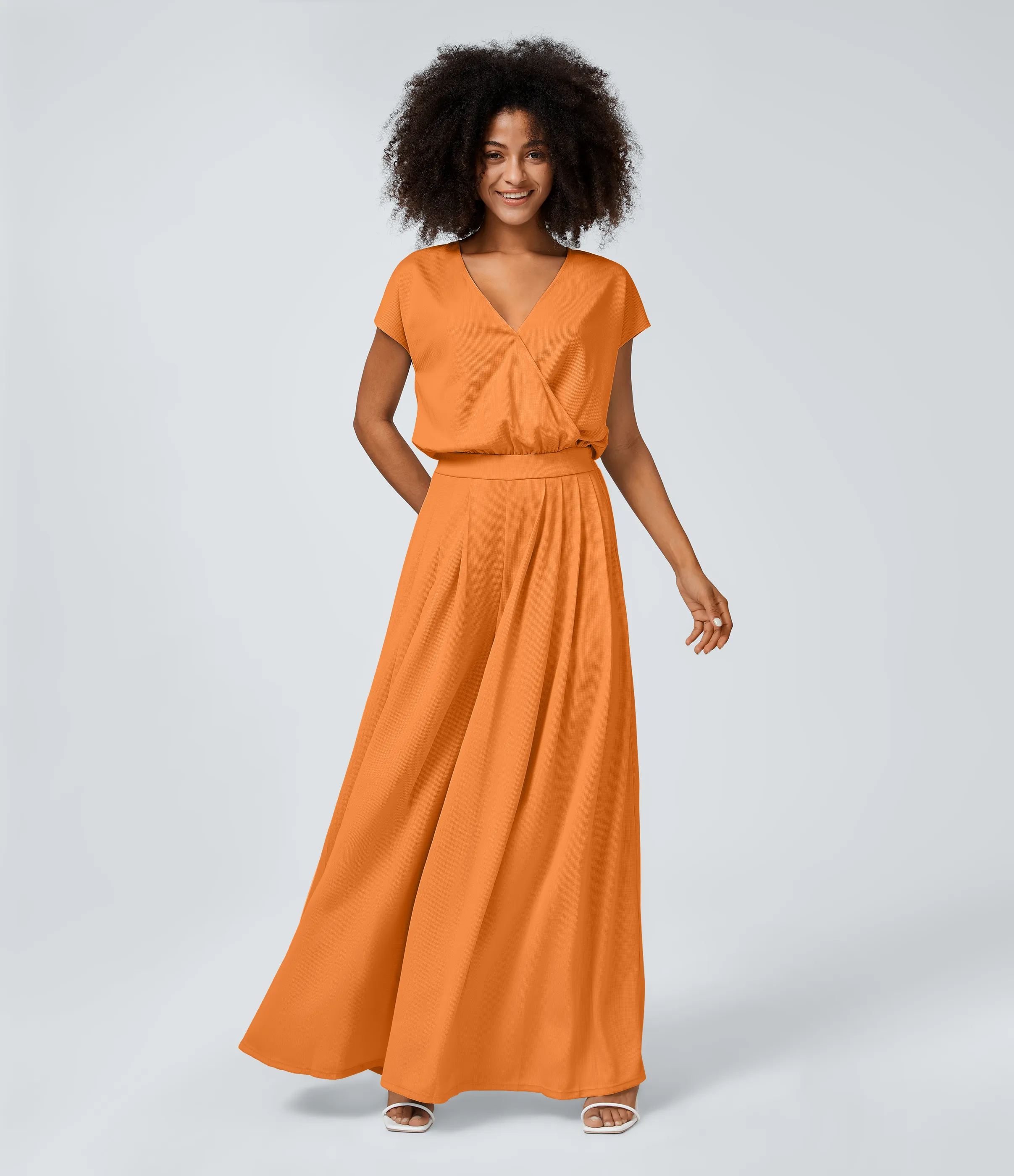 Halara Mono cuello V manga corta bolsillo lateral plisado pierna ancha - Sunshine Orange - M(regular) sold by Halara product image thumbnail 2