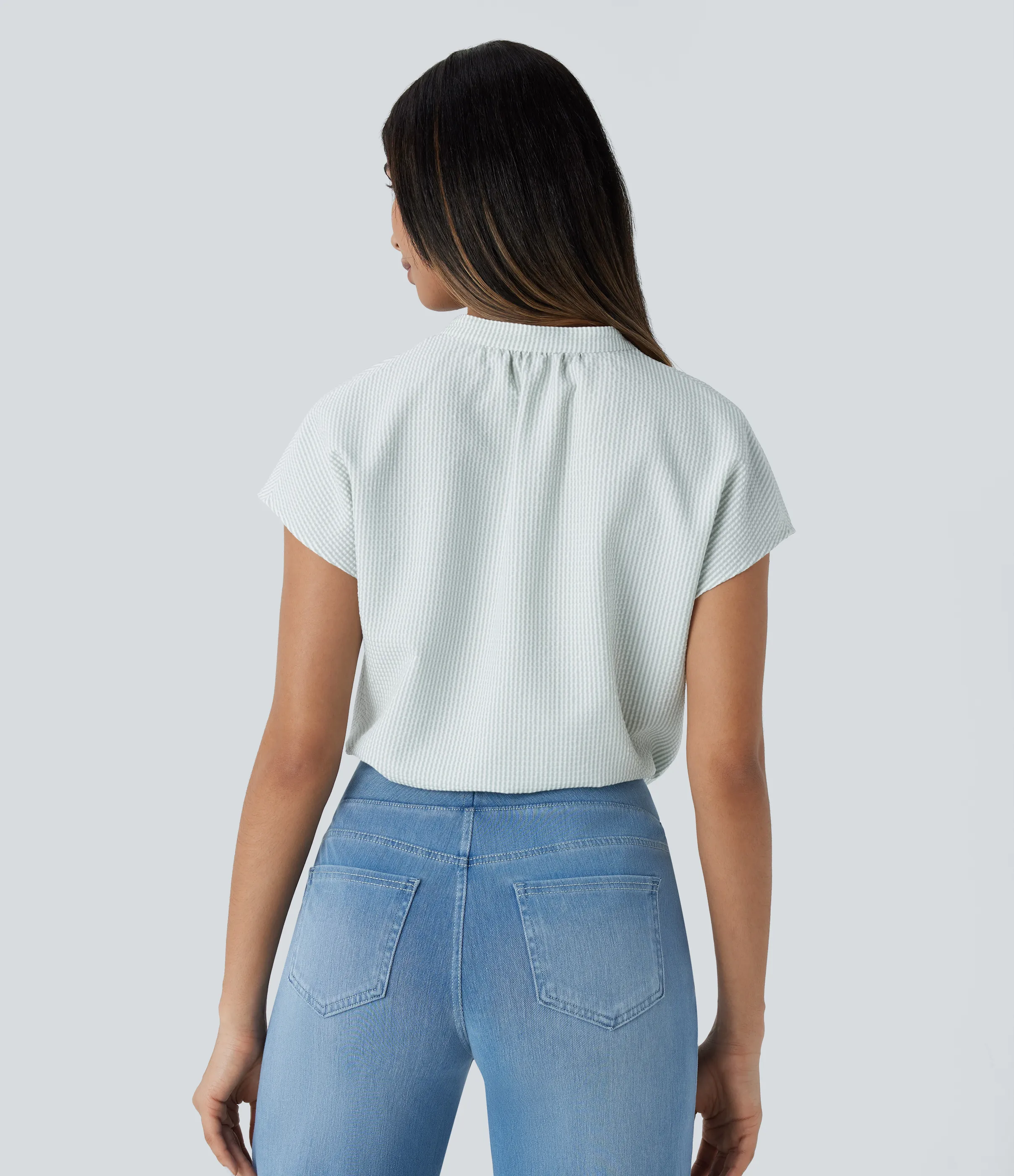 Halara Blusa rayas dobladillo curvo manga corta cuello V - Light Green White Stripe - L sold by Halara product image thumbnail 4