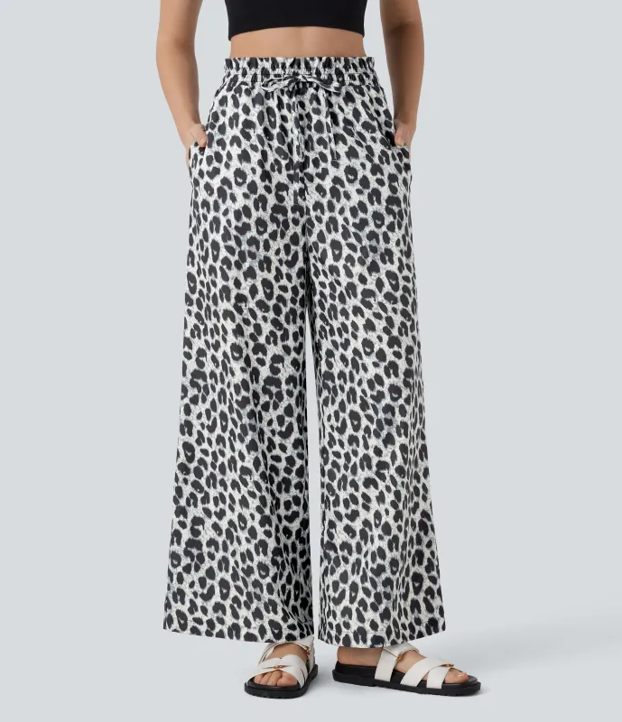 Halara Pantalón pierna ancha estampado leopardo bolsillo lateral cordón tiro alto - Silver Leopard Print - M(tall) sold by Halara