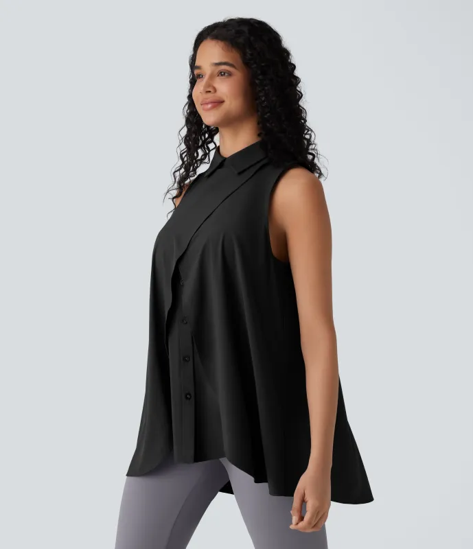 Halara Blusa Breezeful™ oficina holgada secado rápido botón sin mangas cuello - Black - XS sold by Halara