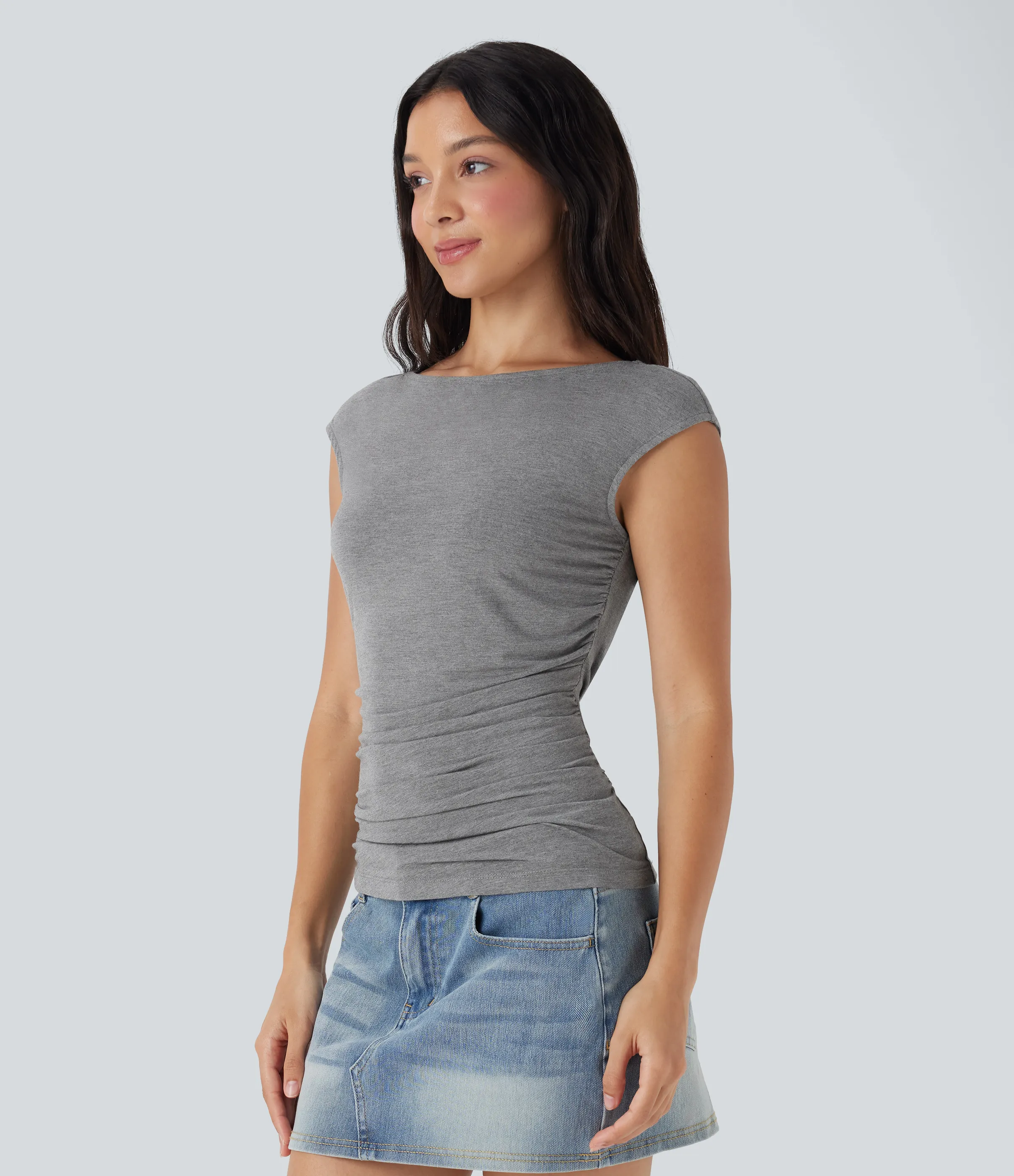 Halara Top casual fruncido con cuello barco y manga corta - Dark Mottled Grey - M sold by Halara product image thumbnail 4