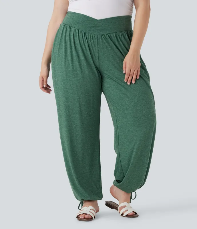 Halara Pantalón deportivo casual de tiro alto con cordón ajustable y bolsillos laterales en talla grande - Emerald Floral Yarn - 1X(regular) made by Halara
