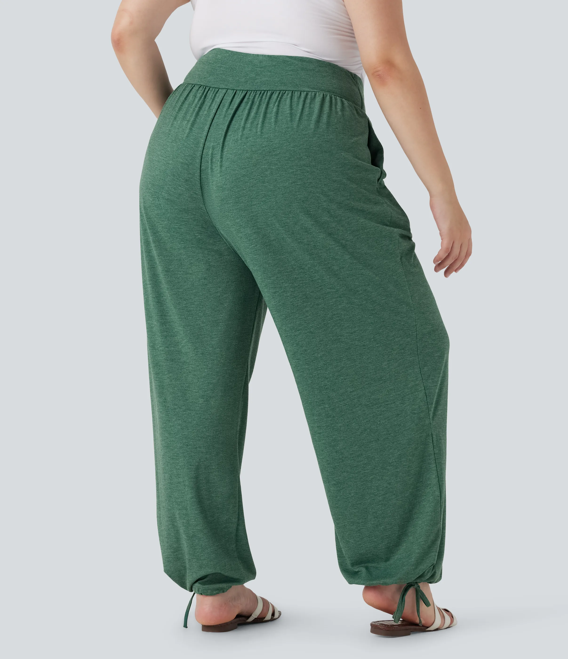 Halara Pantalón deportivo casual de tiro alto con cordón ajustable y bolsillos laterales en talla grande - Emerald Floral Yarn - 1X(regular) sold by Halara product image thumbnail 4