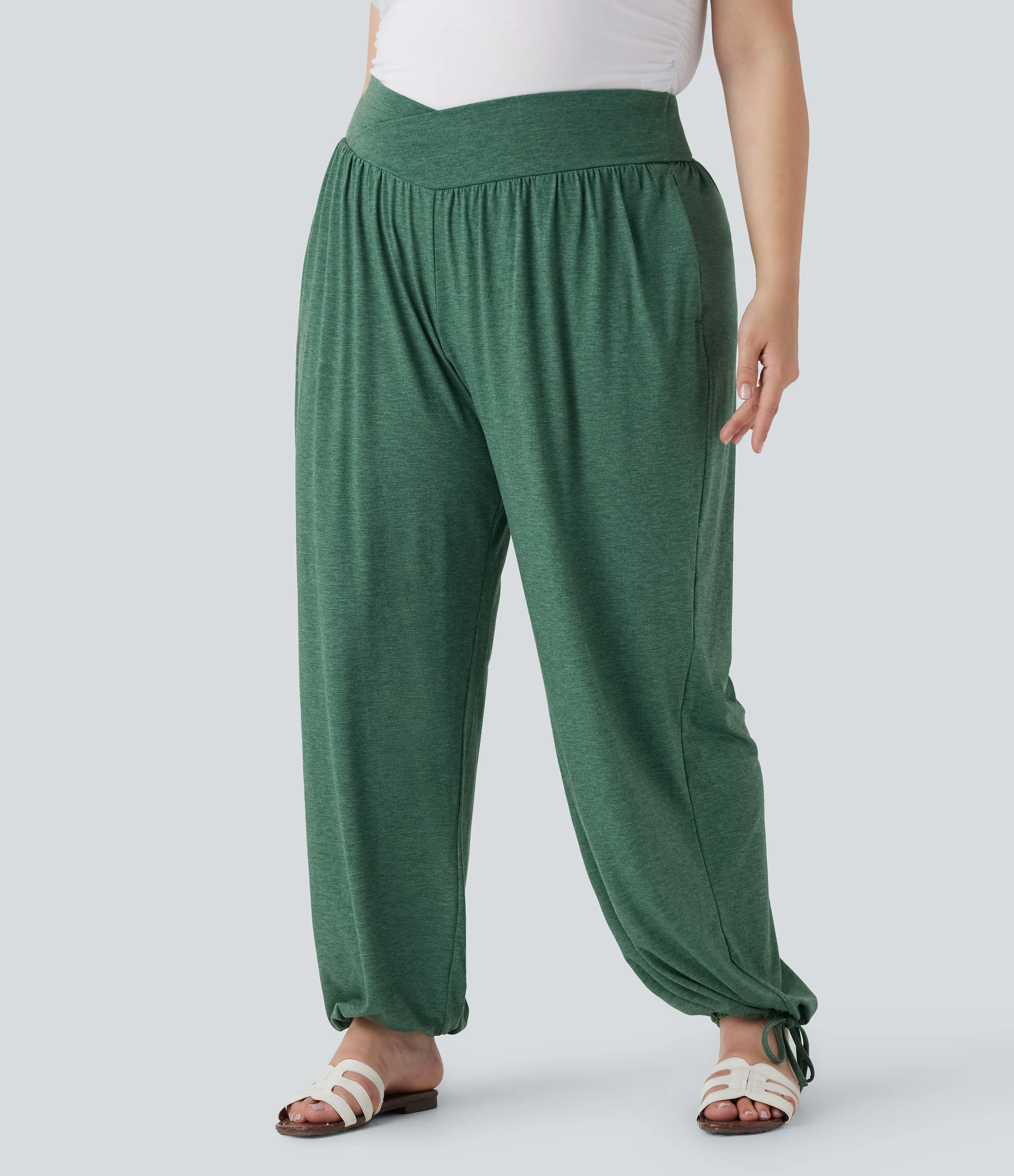 Halara Pantalón deportivo casual de tiro alto con cordón ajustable y bolsillos laterales en talla grande - Emerald Floral Yarn - 1X(regular) sold by Halara product image thumbnail 5