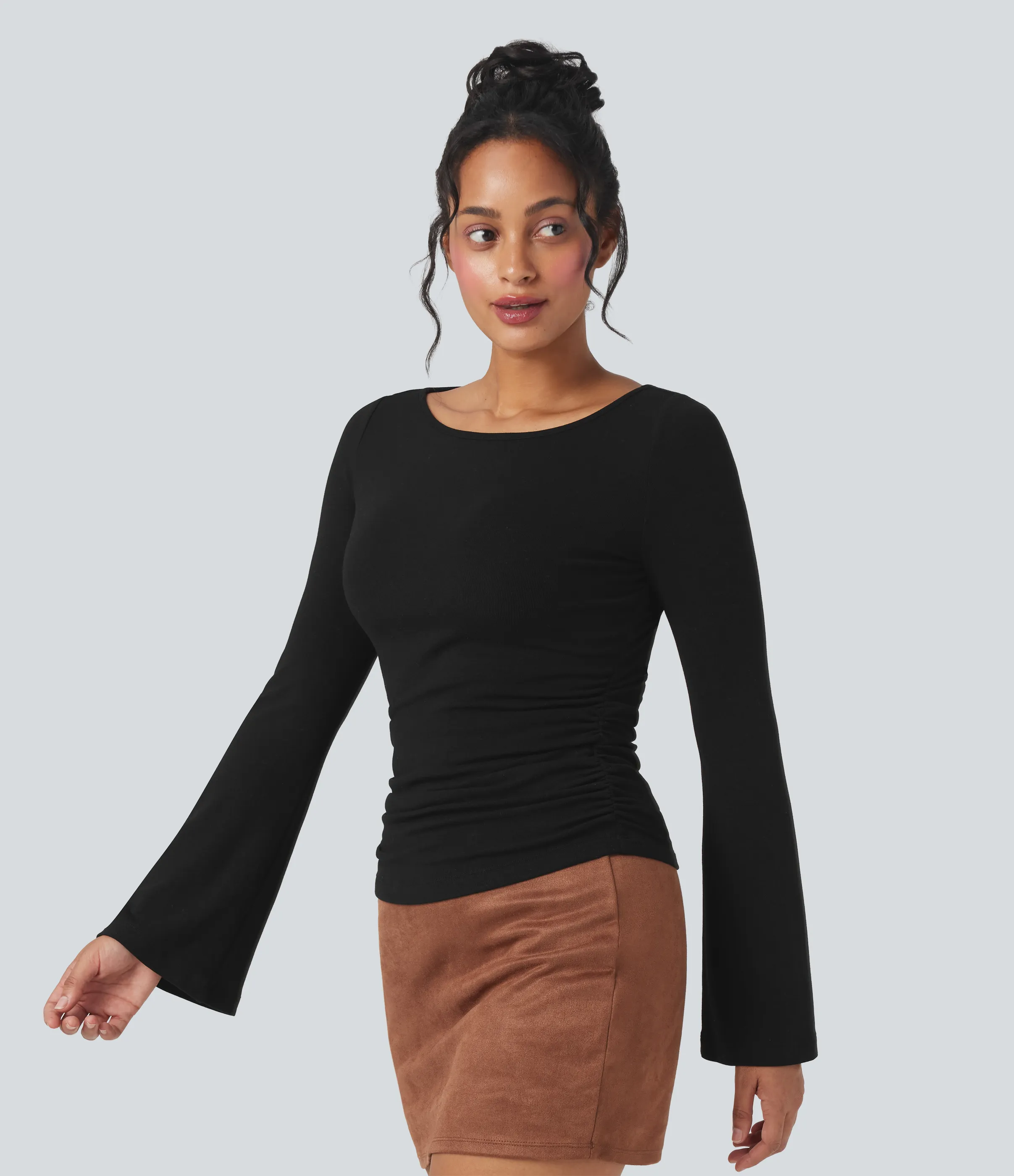 Halara Top casual térmico fruncido de manga larga con cuello barco - Black - XS sold by Halara product image thumbnail 2