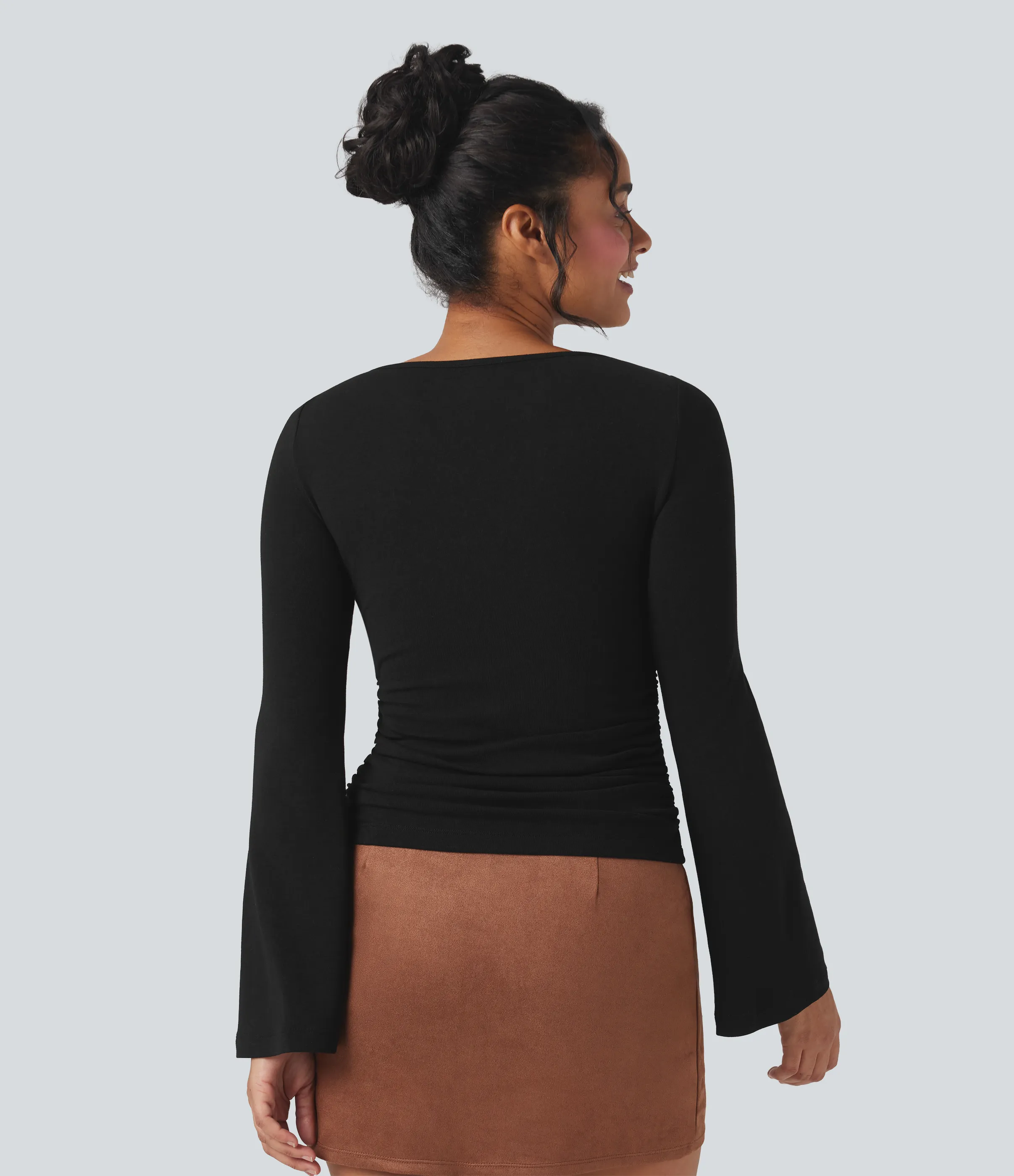 Halara Top casual térmico fruncido de manga larga con cuello barco - Black - XS sold by Halara product image thumbnail 3