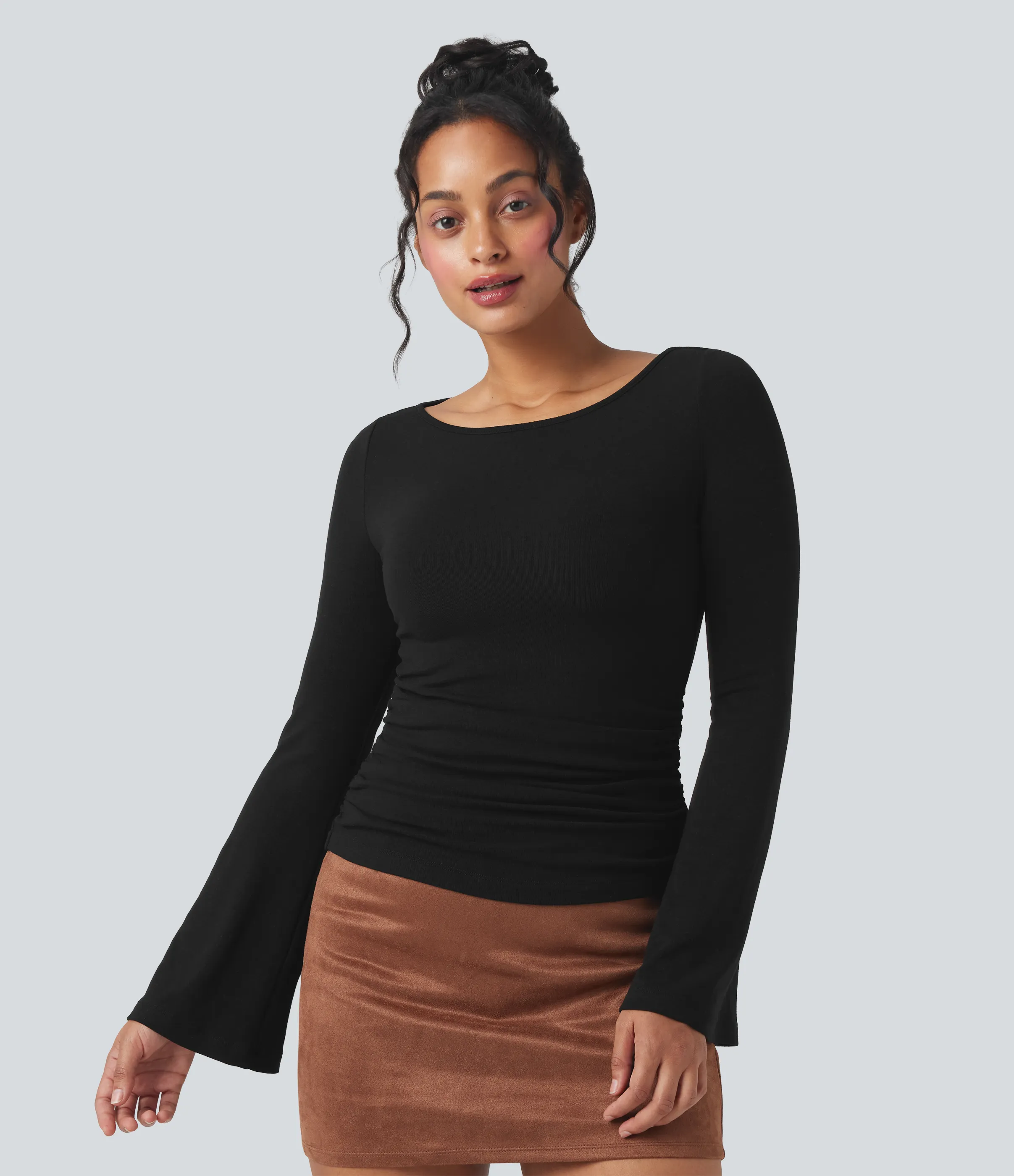 Halara Top casual térmico fruncido de manga larga con cuello barco - Black - XS sold by Halara product image thumbnail 4