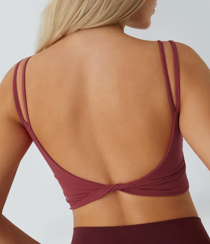 Halara Top corto de yoga con tirantes dobles, espalda cruzada y retorcida en copas D-F - Deep Wine - L made by Halara