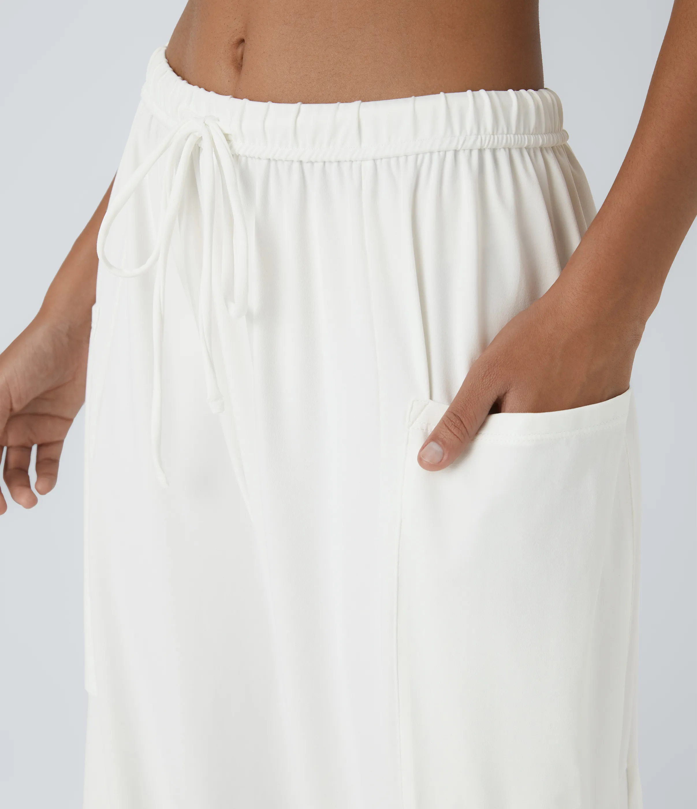 Halara Pantalón pierna ancha fluido palazzo bolsillo lateral cordón ajustable cintura elástica tiro medio - White - L(regular) sold by Halara product image thumbnail 5