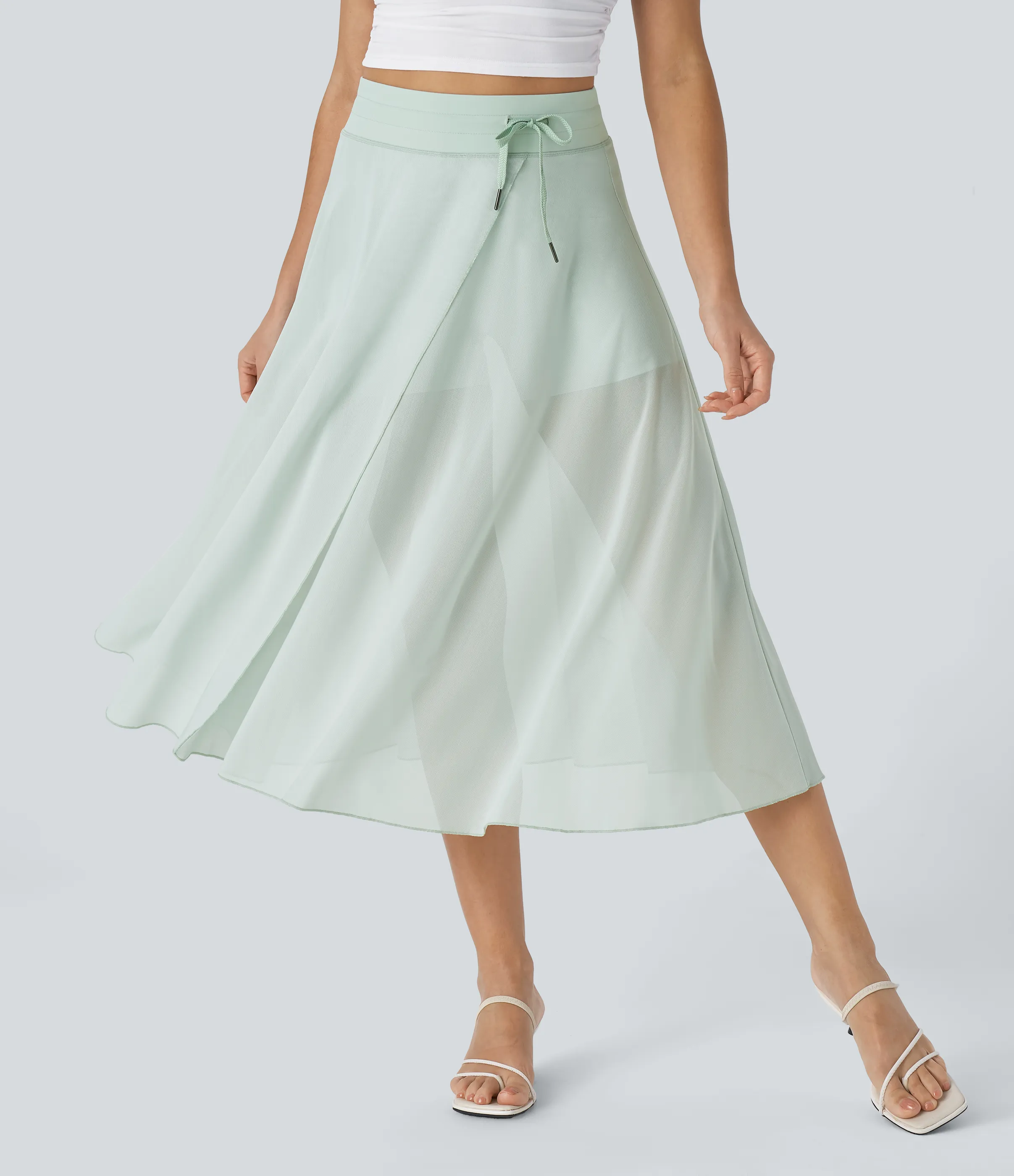 Halara Falda midi casual 2 en 1 acampanada con bolsillo lateral de tiro alto con cordón y malla en contraste - Sprout Green - XS sold by Halara product image thumbnail 2