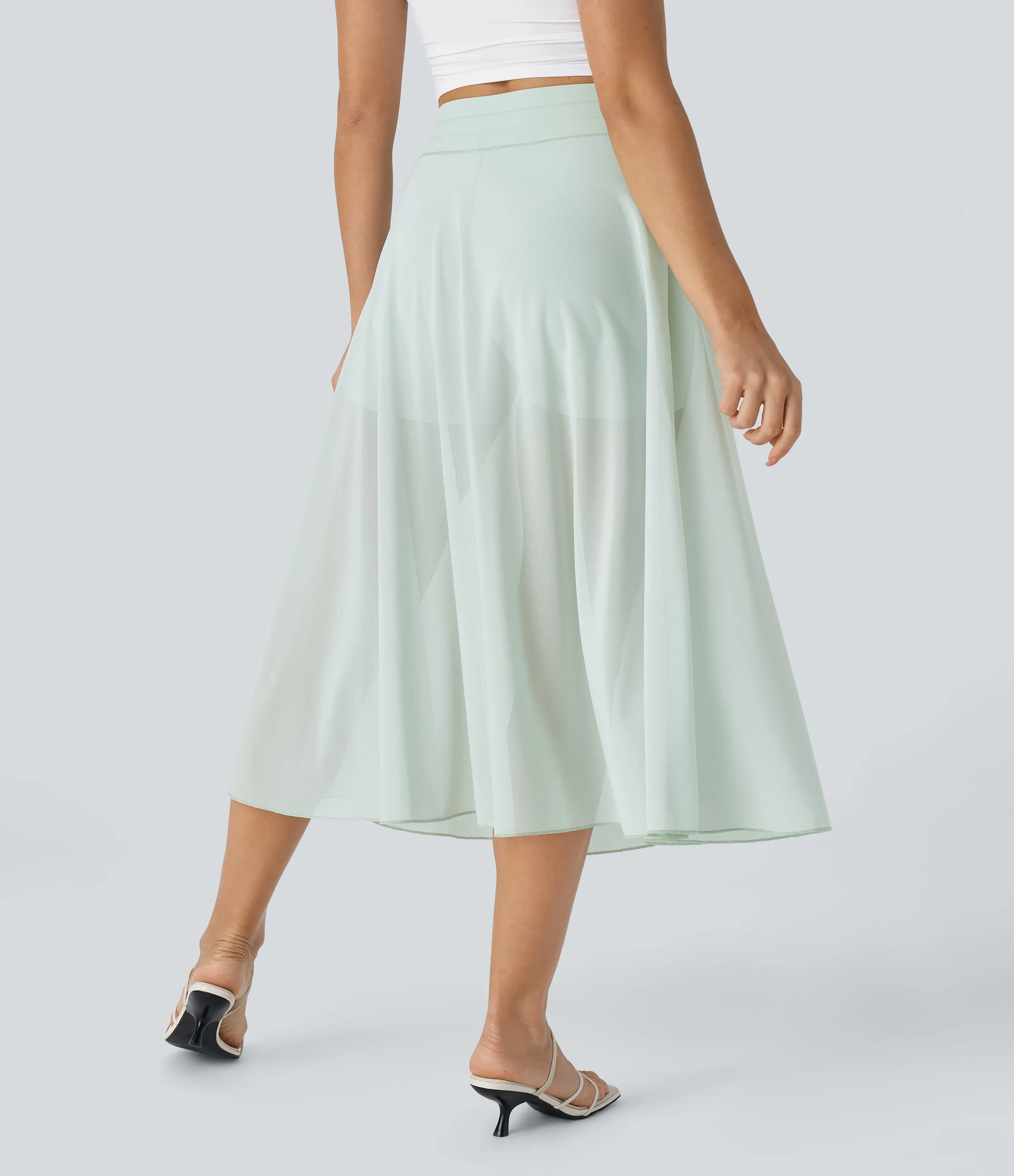 Halara Falda midi casual 2 en 1 acampanada con bolsillo lateral de tiro alto con cordón y malla en contraste - Sprout Green - XS sold by Halara product image thumbnail 3