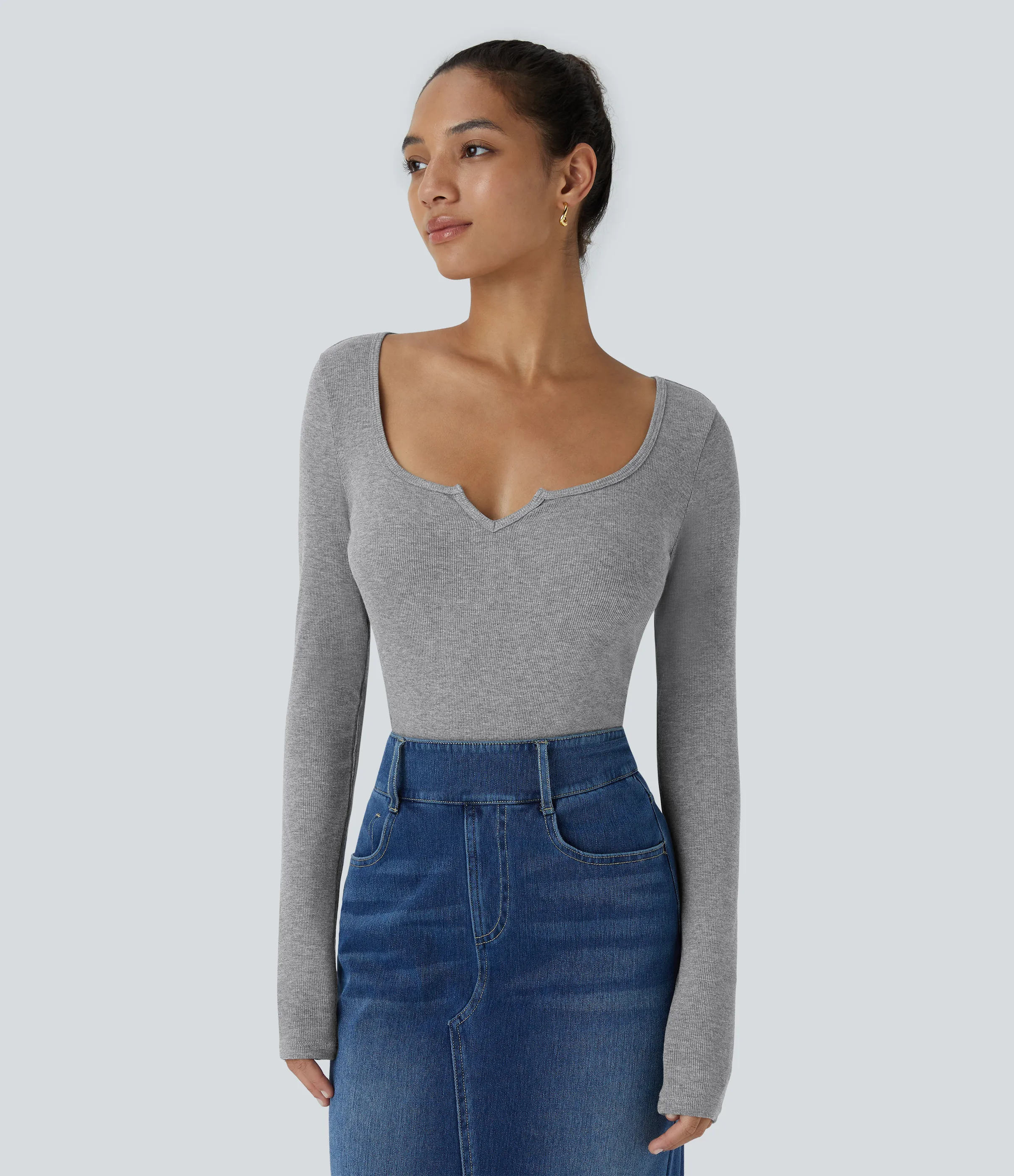 Halara Top informal ajustado de manga larga con cuello redondo y canalé - Ash Grey - XS sold by Halara product image thumbnail 3