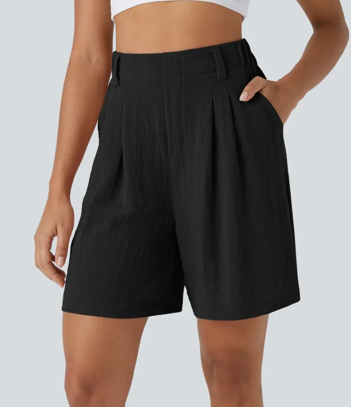Halara Bermudas casuales anchas con tacto de lino de tiro alto, bolsillo lateral plisado - Black - XL sold by Halara