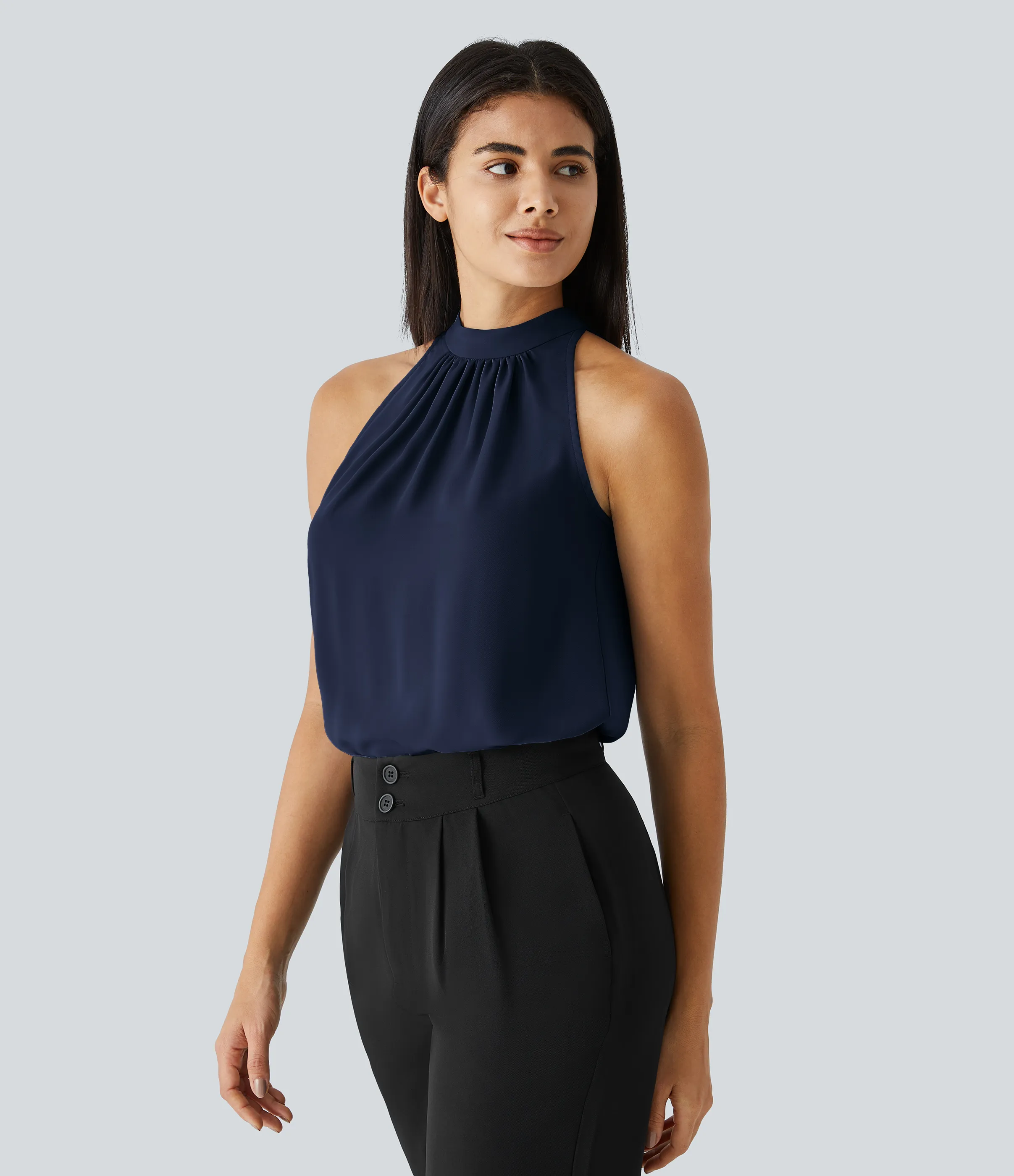 Halara Blusa oficina dobladillo curvado sin manga plisada abertura espalda halter - Denim Blue - S sold by Halara