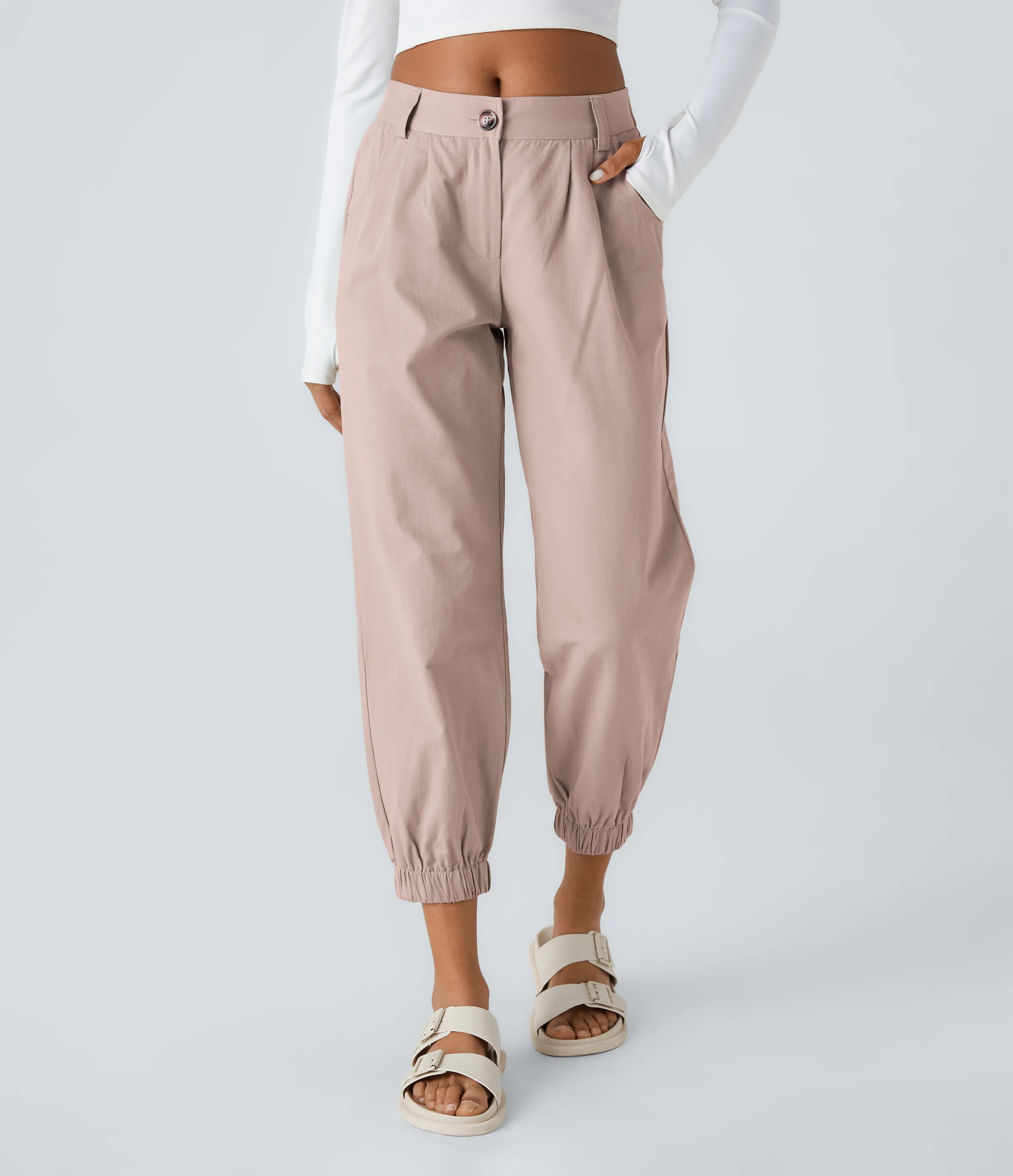 Halara Joggers algodón bolsillo lateral cremallera botón tiro medio - Rose Smoke - XL(petite) sold by Halara product image thumbnail 2