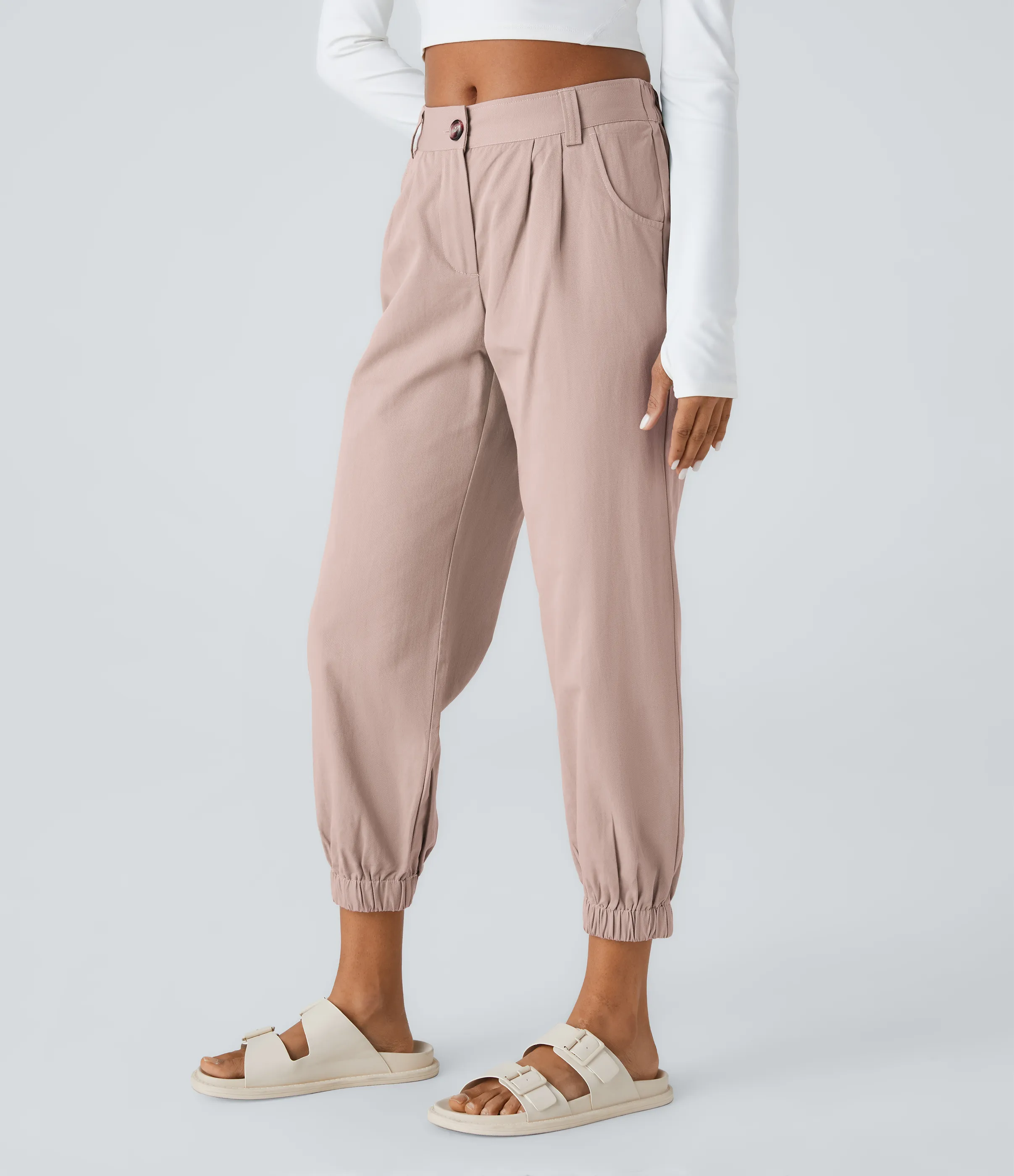 Halara Joggers algodón bolsillo lateral cremallera botón tiro medio - Rose Smoke - XL(petite) sold by Halara product image thumbnail 4