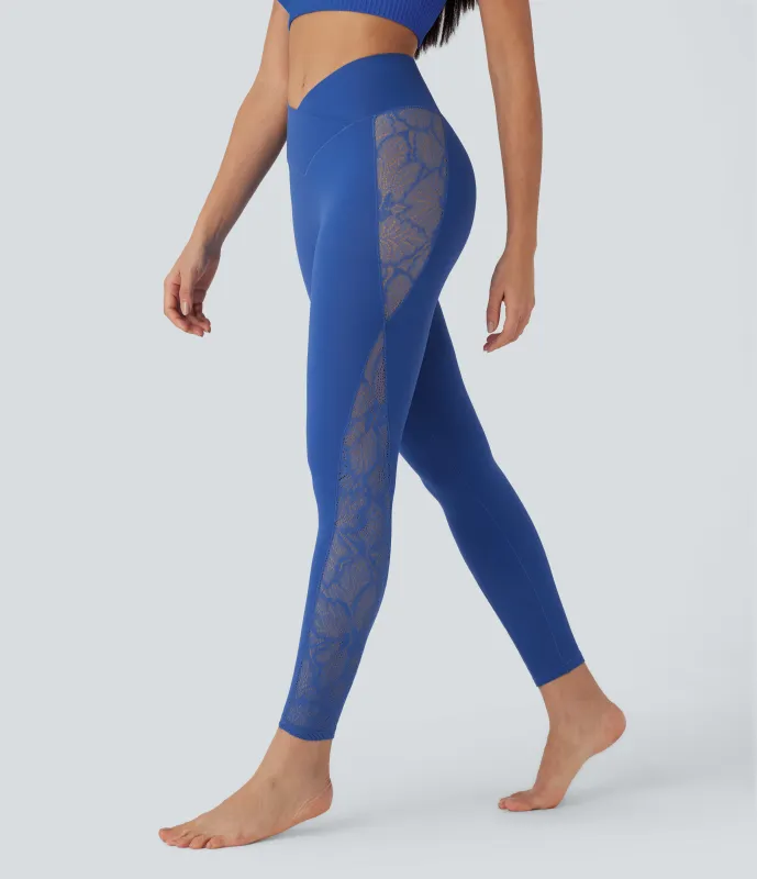 Halara Leggings Softlyzero™ yoga tiro alto encaje contrastante bolsillo trasero cruzado 7/8 pulgada - UPF50+ - Beaucoup Blue - XL(7/8) sold by Halara