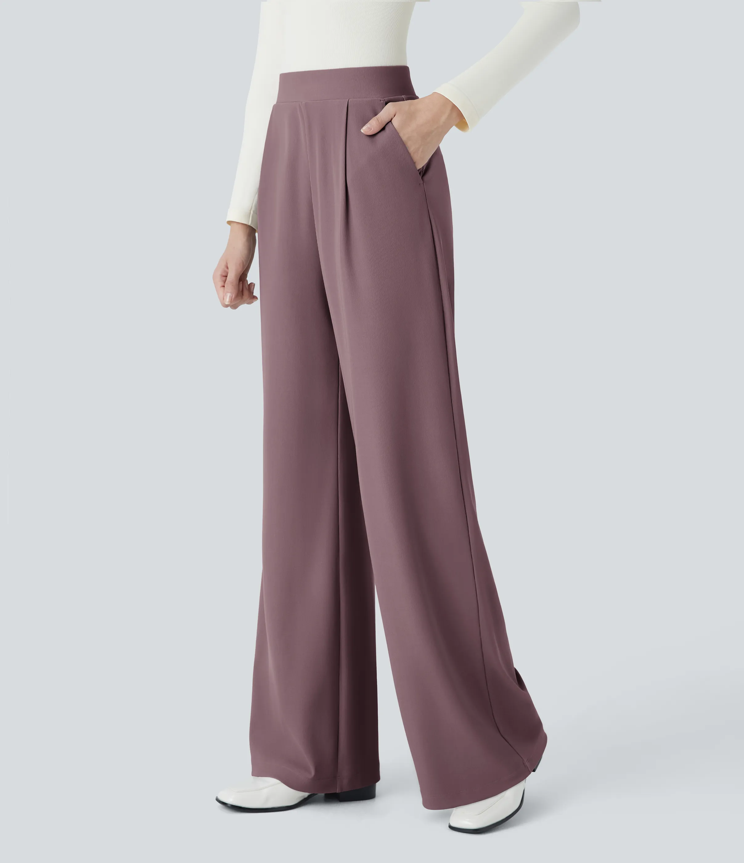 Halara Pantalón Halara Flex™ oficina tiro alto control abdomen adelgazan tiro bolsillo lateral pierna ancha micro gofre - Dark Plum - L(regular) sold by Halara product image thumbnail 4
