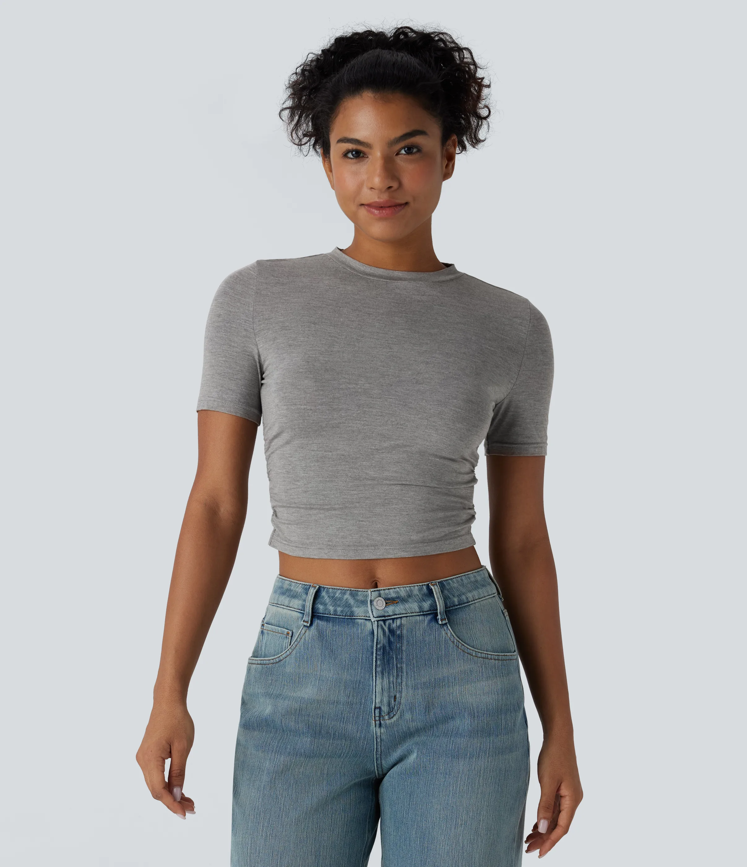 Halara Camiseta recortada ajustada pliegue manga corta cuello redondo - Fog Gray - L sold by Halara product image thumbnail 2